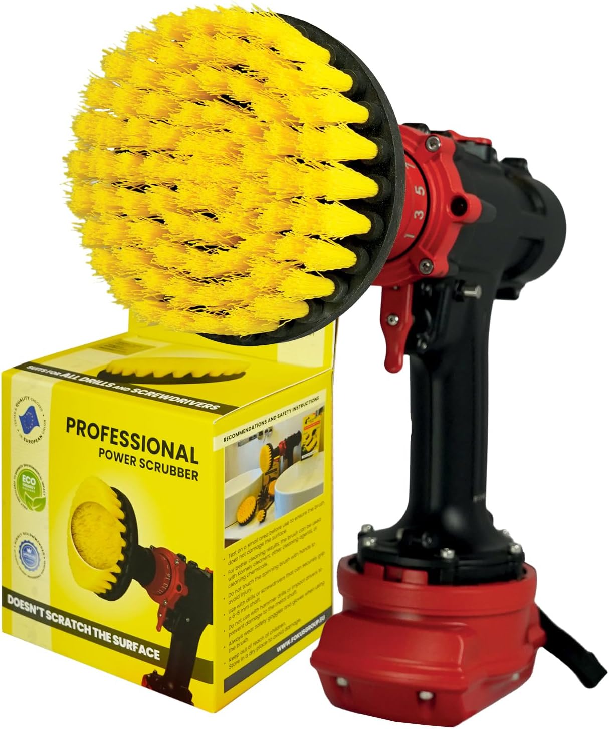 Premium Drill Brush, Medium-Soft 13cm, Yellow, Tile and Bath | 10x efficient, scratch-free, double-density bristles; grout, showers, bathtubs, fibreglass, ceramic; 8 mm hex shaft