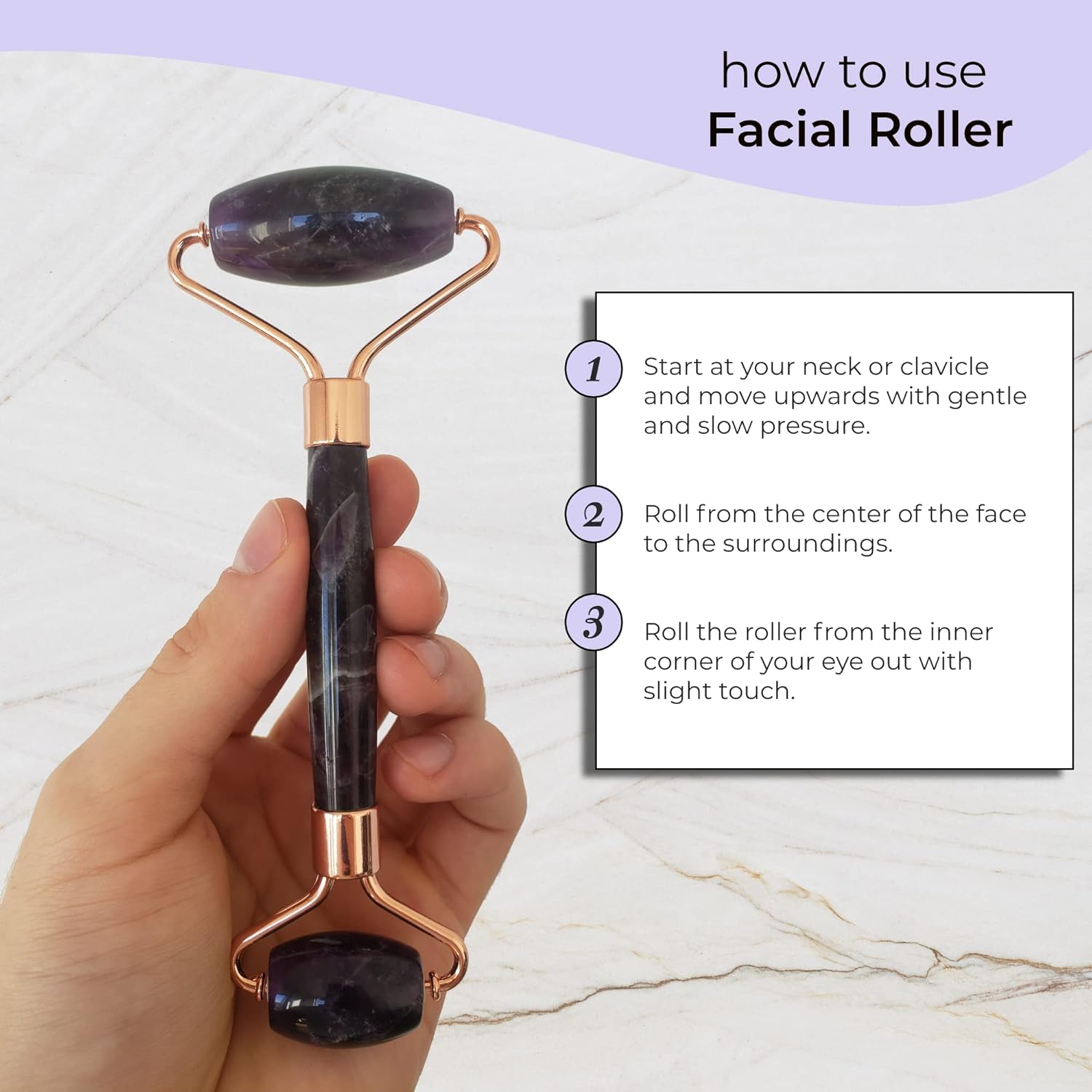 Amethyst Face Roller & Gua Sha Set - 100% Real Amethyst Roller & Gua Sha Facial Tool - Gua Sha Amethyst + Eye Roller for Puffy Eyes & Dark Circles - Jade Roller Amethyst Gua Sha & GuaSha Tool for Face