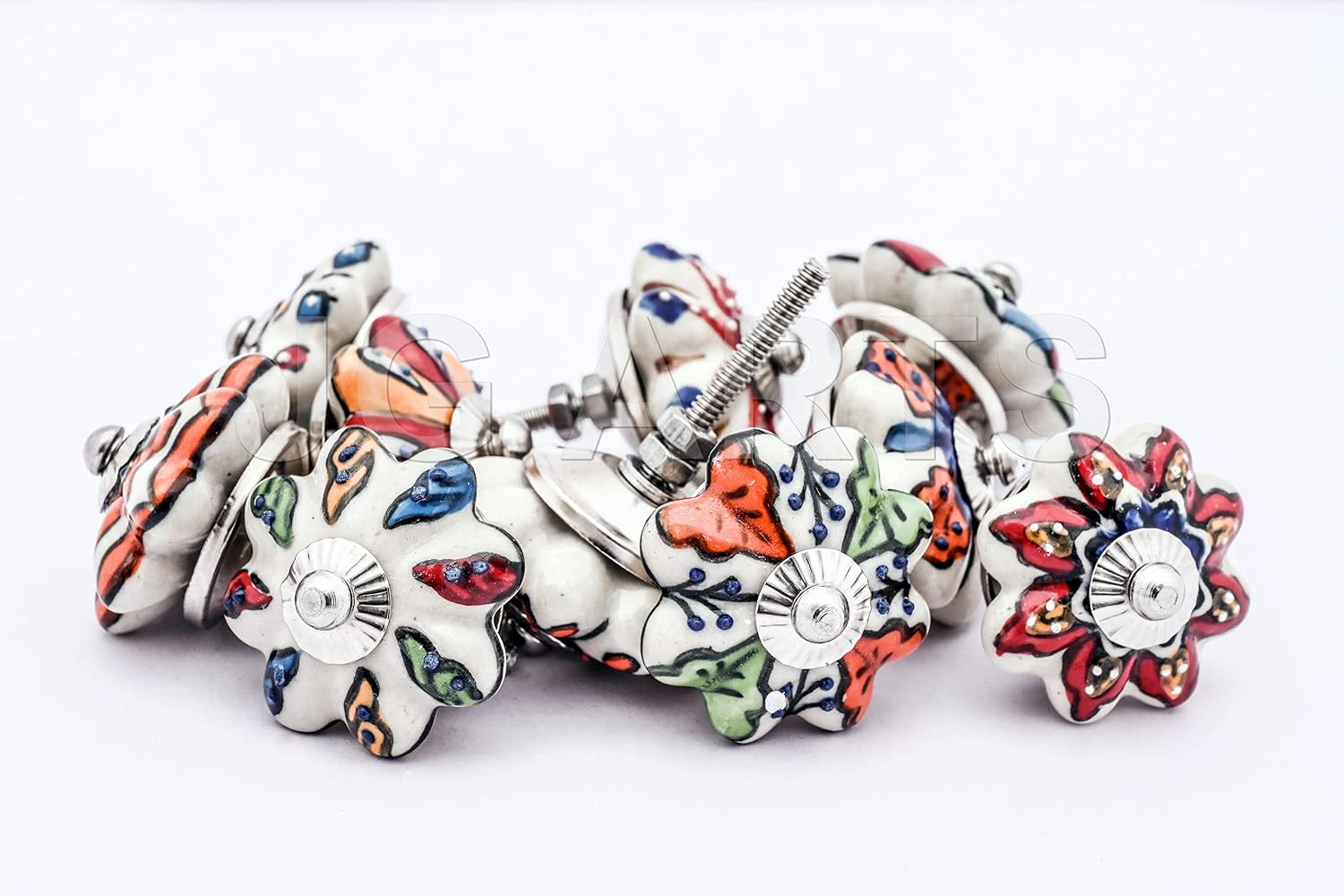 DORPMARKET Set of 10 Vintage Color Multi Designed Ceramic Cupboard Cabinet Door Knobs Drawer Pulls & Chrome Hardware