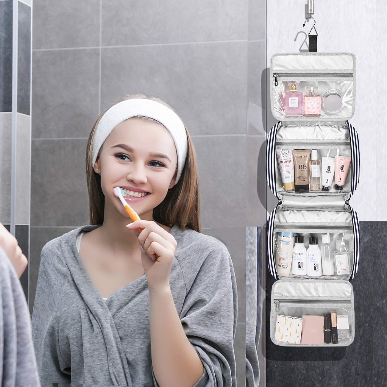 Kulturbeutel, zum Aufhängen, große Kapazität, wasserdichte Kosmetiktasche, Make-up-Organizer mit 4 Fächern und stabilem Haken für Damen und Herren Marineblau und Weiß gestreift Large