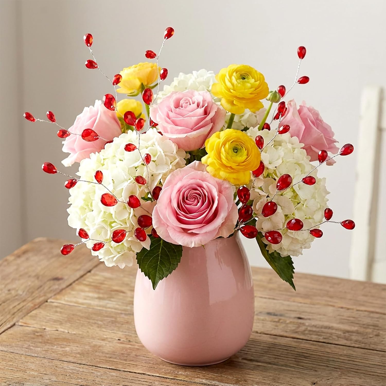 25 PCS Acrylic Crystal Flower Branches, Red Floral Picks Artificial Bead Drop Bouquets, Glitter Arrangement with Wire for Christmas Thanksgiving Day Wedding Home Decoration