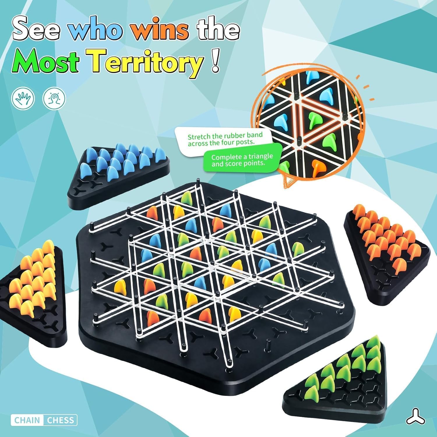 S2B BROTHERS Chain Triangle ChessGame Board Games for Kids Adults Family Fun Night Chess Set Triangle Rubber Band Game Chain Board Chess Puzzle Interactive Brain Teaser Game 2 to 4 Players (Medium) 3