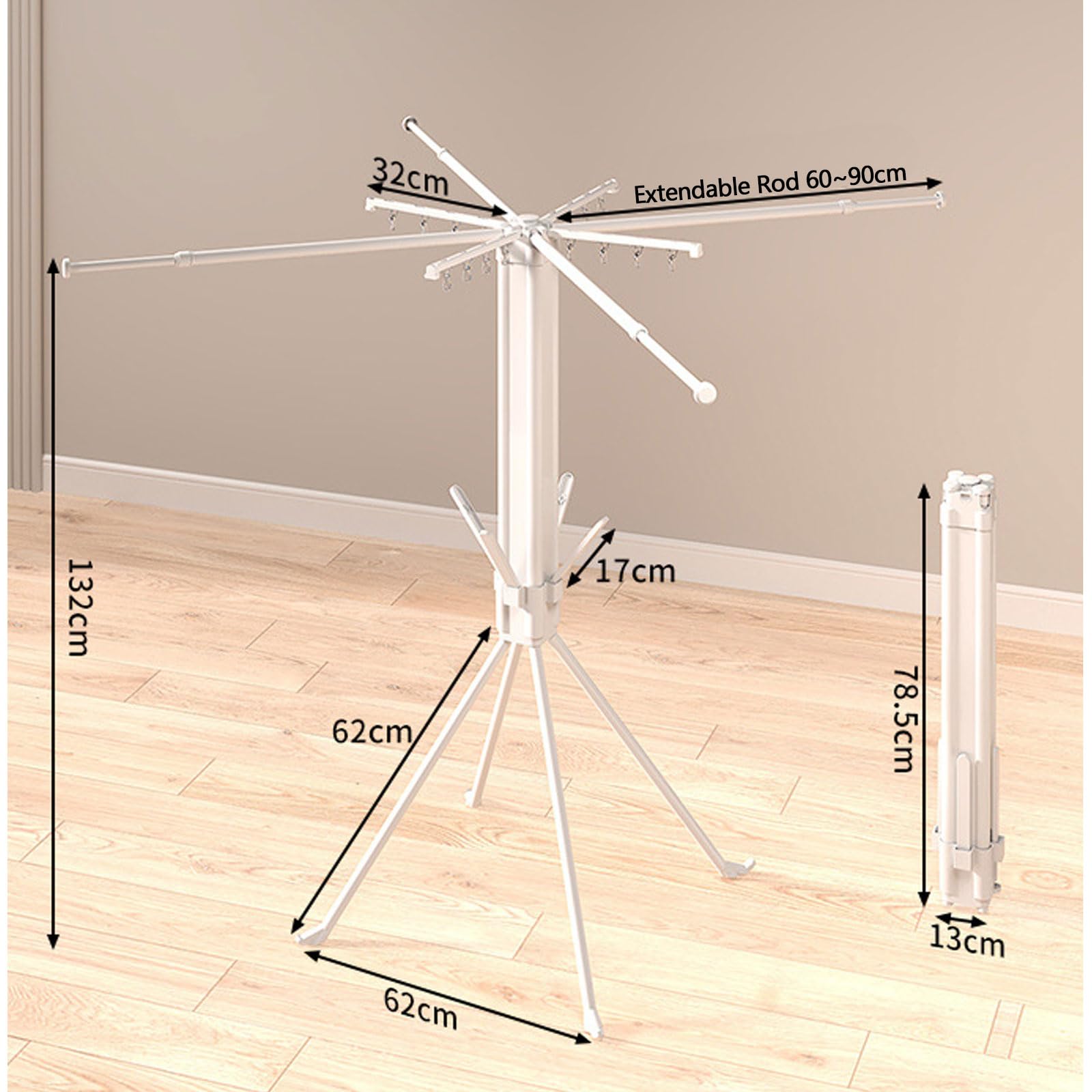Weniger Faltbarer Wäscheständer aus Stahl | Mehrfarbiger 132 cm großer Camping-Balkon for drinnen und draußen: faltbare Wäschetrocknungslösung(White)