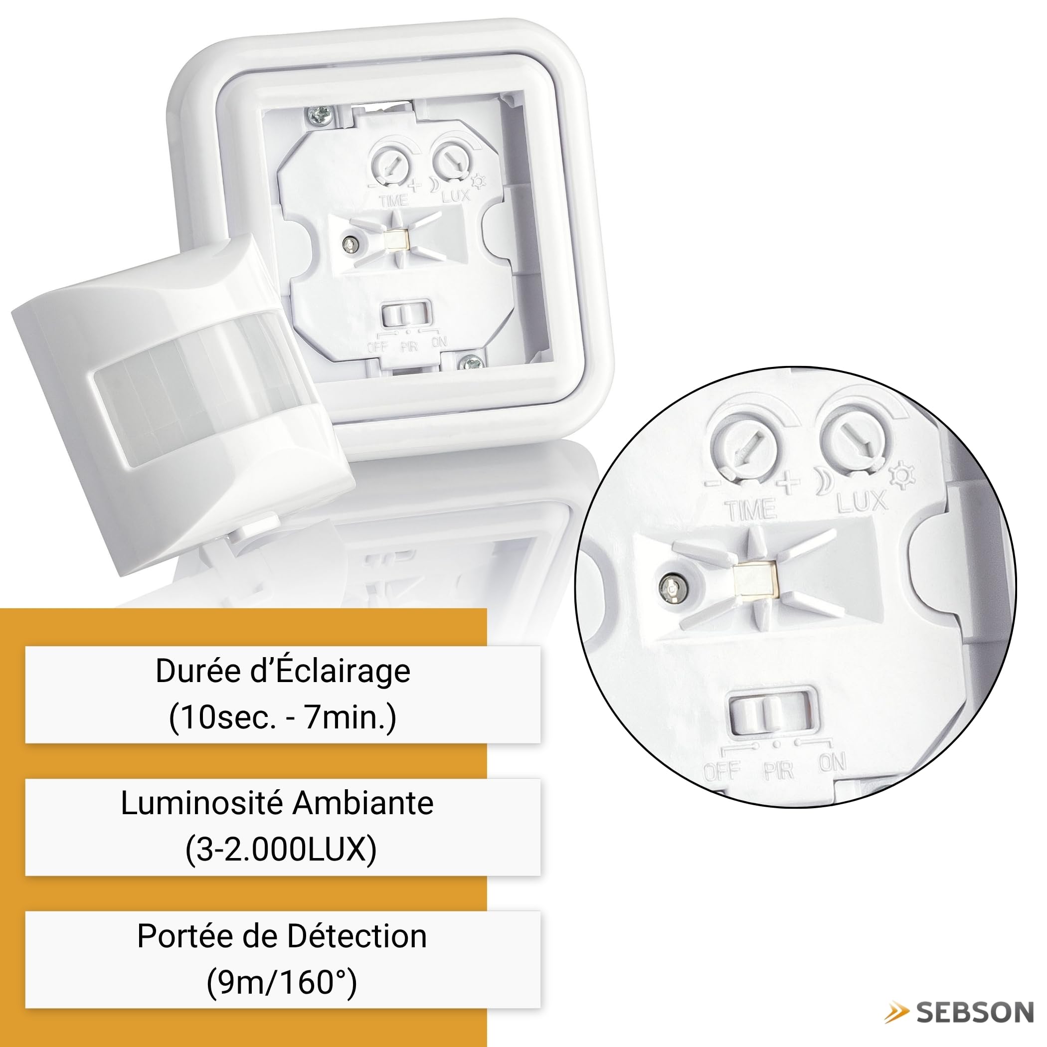 SEBSON 2X Détecteur de Mouvement intérieur, encastré | Convient LED, Montage Mural, programmable, capteur Infrarouge, portée 9m/160°, Max, 100W