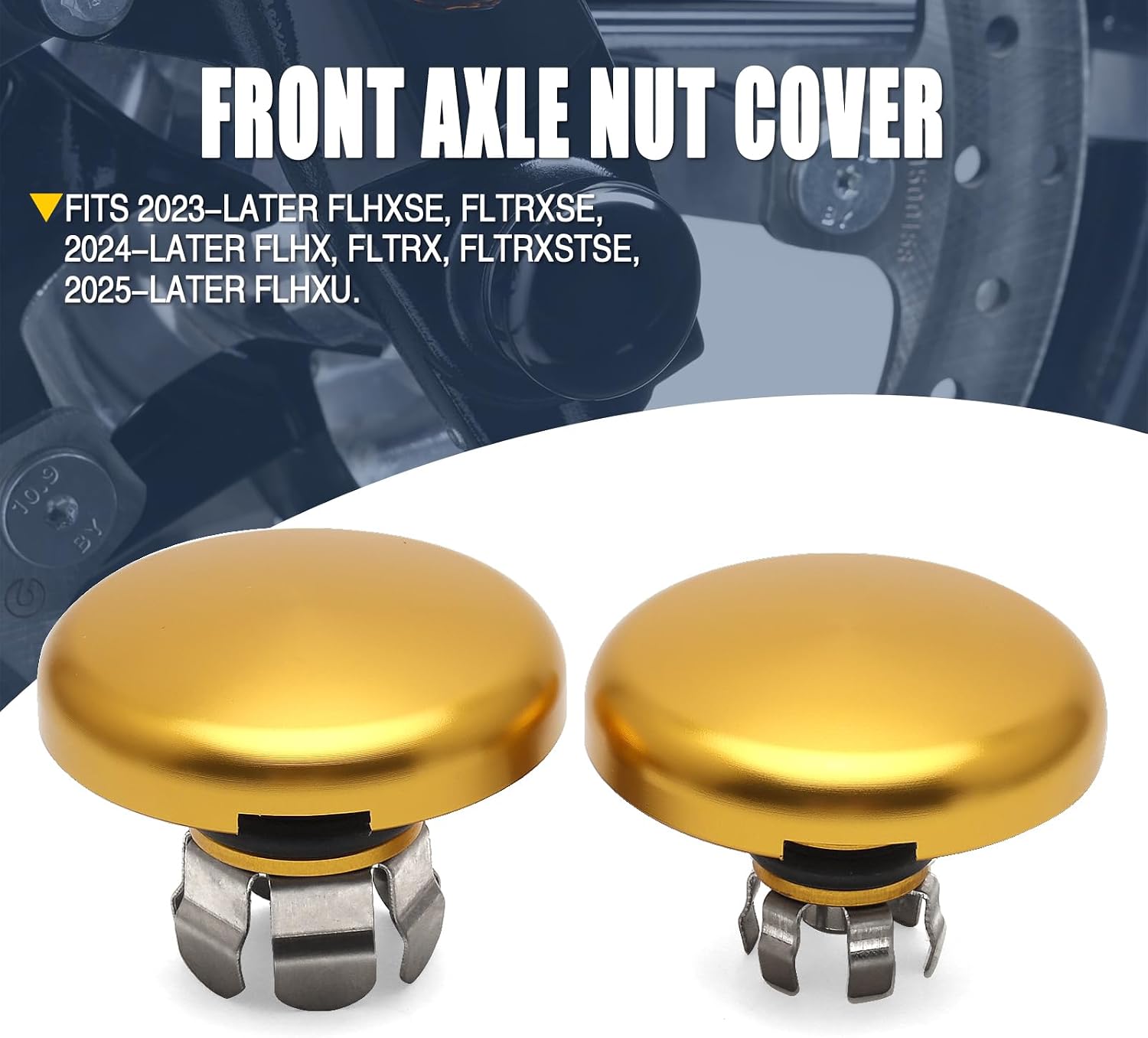 Front Axle Nut Covers Smooth Axle Nut Caps Fit For Harley Touring 2025-later Street Glide Ultra FLHXU 2024-later CVO Road Glide ST FLHX FLTRX FLTRXSTSE 2023-later CVO FLHXSE FLTRXSE (Gold)