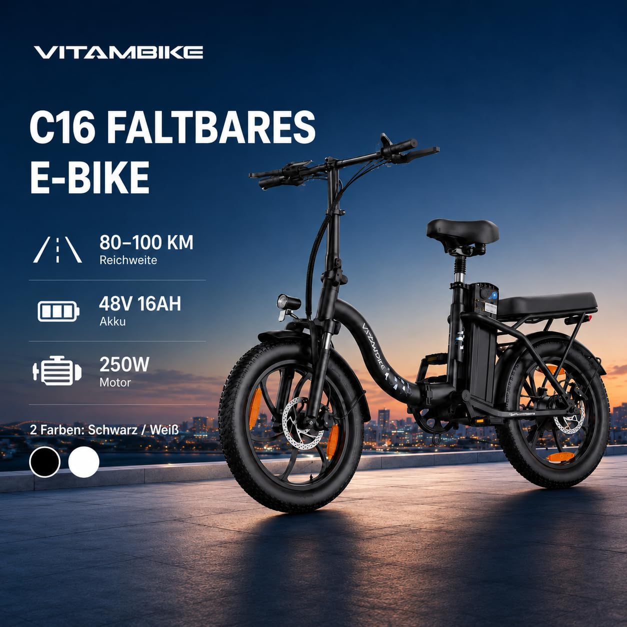 Faltbares E-Bike 20 Zoll, 250W Elektrofahrrad mit 48V 16AH Akku (100km), 7 Gang Cityrad mit Federung, LED & Scheibenbremsen, Carbonstahl-Rahmen