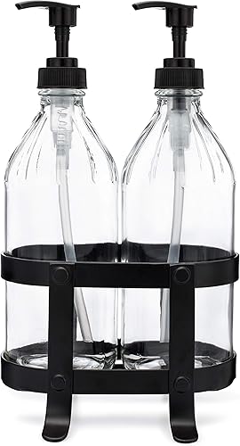 Rail19 Juego de plato de cocina transparente vintage + dispensador de jabón de manos con soporte de metal negro, perfecto para fregadero de cocina,