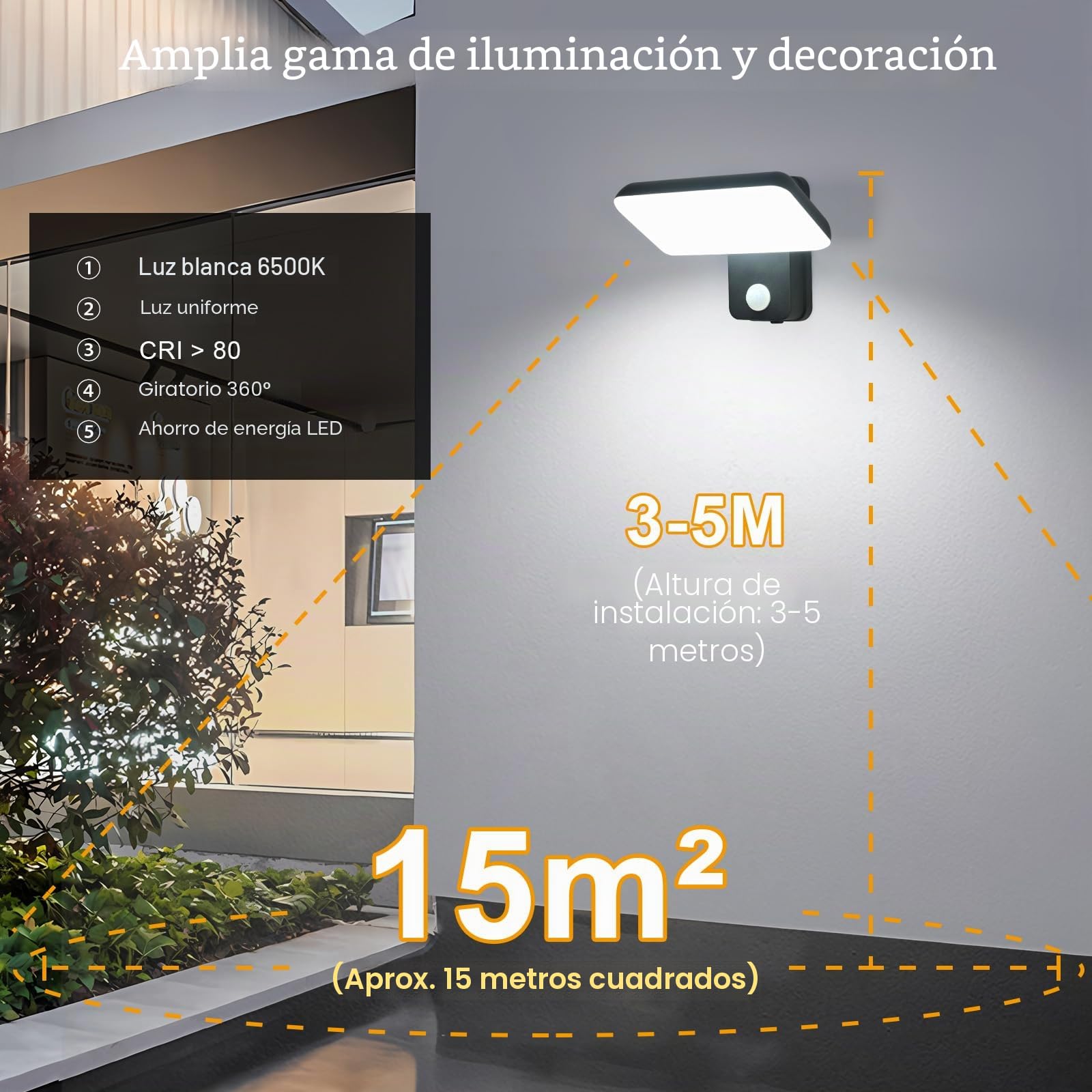 Osairous 16w LED Lampara Pared con Sensor de Movimiento, Giratoria Aplique Pared Exterior con Sensor de Movimiento, IP65 Aplique Exterior, Luz Exterior para JardíN y Terraza, Negro 6500k