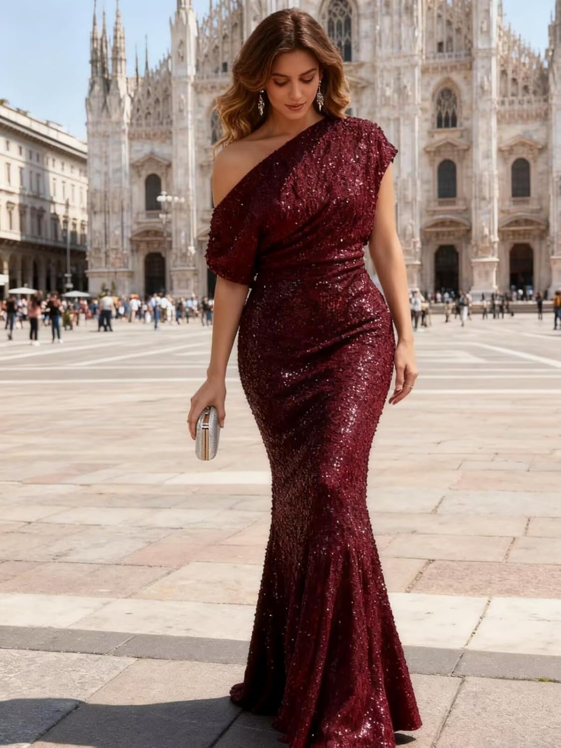 Sparkly Sequin Mermaid Prom Dresses for Women One Shoulder Formal Evening Dress Long Cocktail Party Gown