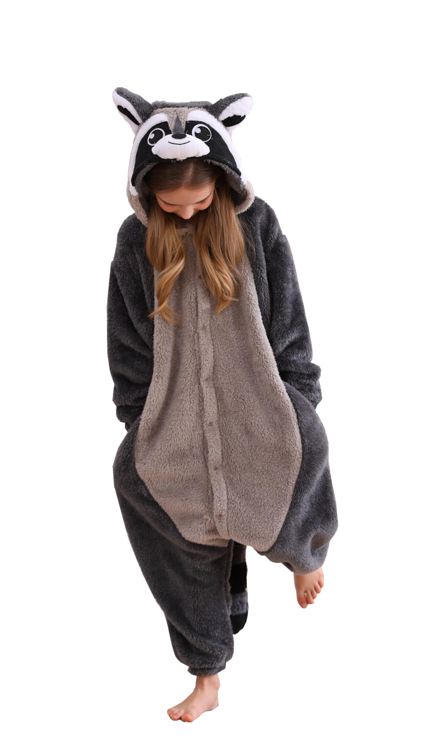 DarkCom Animal Onesie for Kids,Flannel Cosplay Grey Raccoon Halloween Costume Parent-Child Sleepwear for Girls Boys 12-13 Years - Image 3