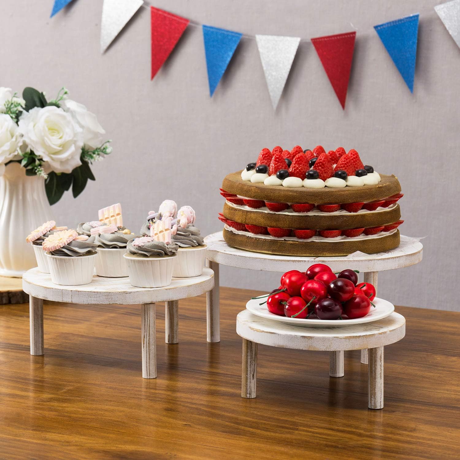 MyGift Round Whitewashed Risers for Display, Wooden Cupcake Stand, Dessert Table Display Set of 3