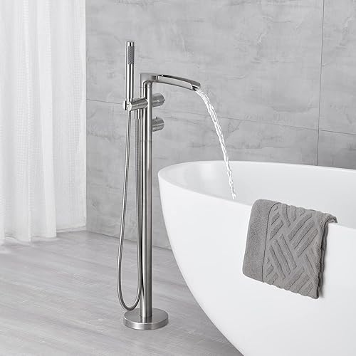 Miniatura 3 de Qinkell Grifo termostático independiente para bañera con cascada, níquel cepillado, montaje en piso, grifos de baño con ducha de mano