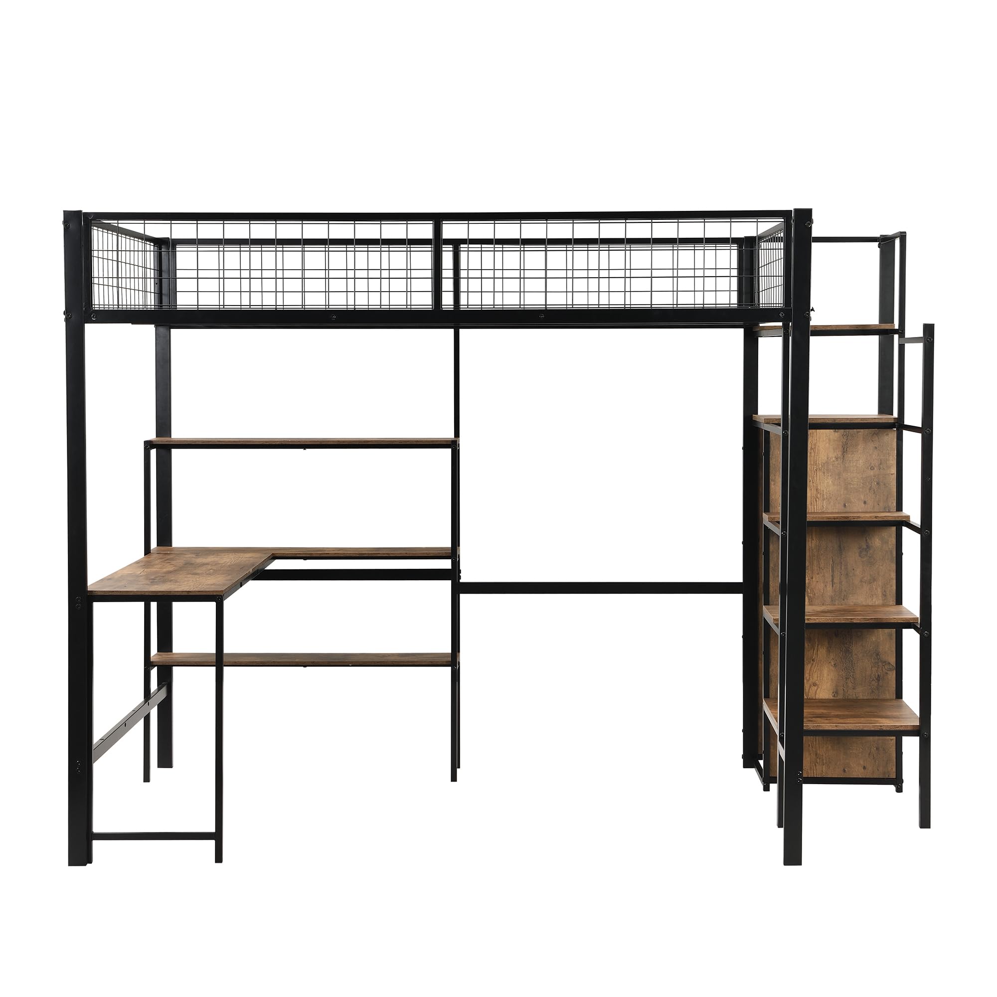 YESGIGA Lit mezzanine, en fer, échelle de rangement, plusieurs étagères, sans matelas, armoire encastrée, bureau (noir, 140 x 200 cm)