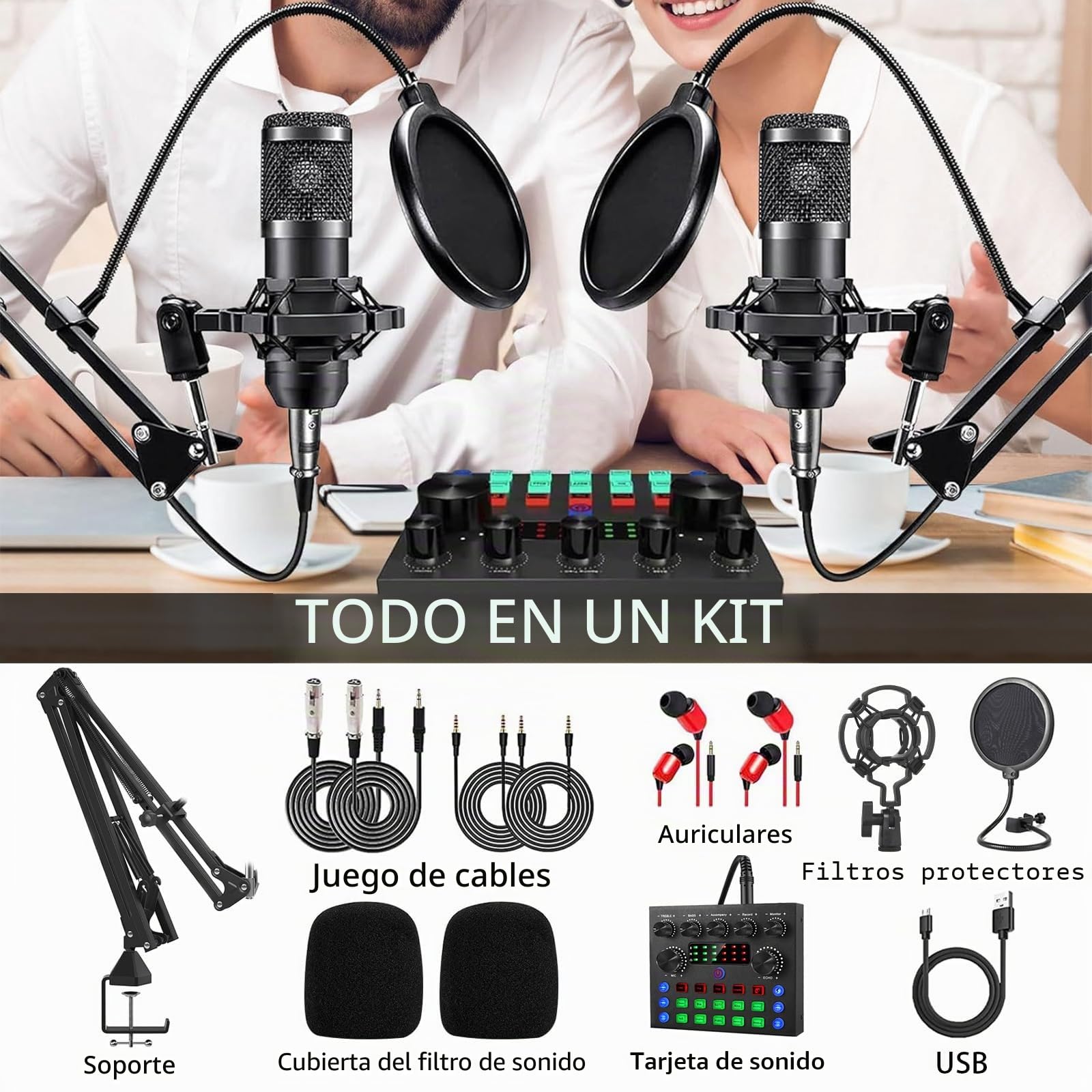 BM800 Kit Completo de Podcast para 2, Micrófono de Estudio con Directividad Cardioide, Interfaz de Audio y Mezclador DJ, Ideal para Transmisiones en Vivo, Canto, TikTok y YouTube