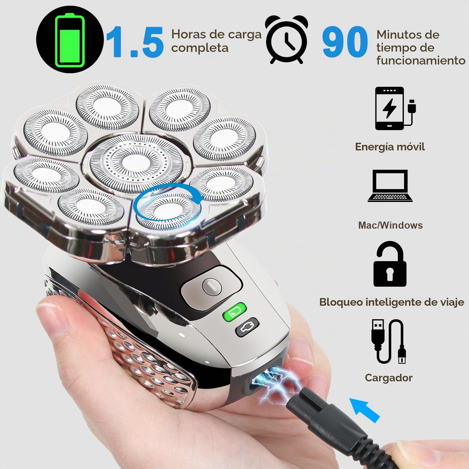 Afeitadora Eléctrica Hombre, 9D 6 en 1 Afeitadora Cabeza para Calva Recargable Maquina de Afeitar Hombre Calvo Impermeable en Seco y Húmedo Afeitadora de Cabeza para Calva Barba Nariz Orejas Corporal