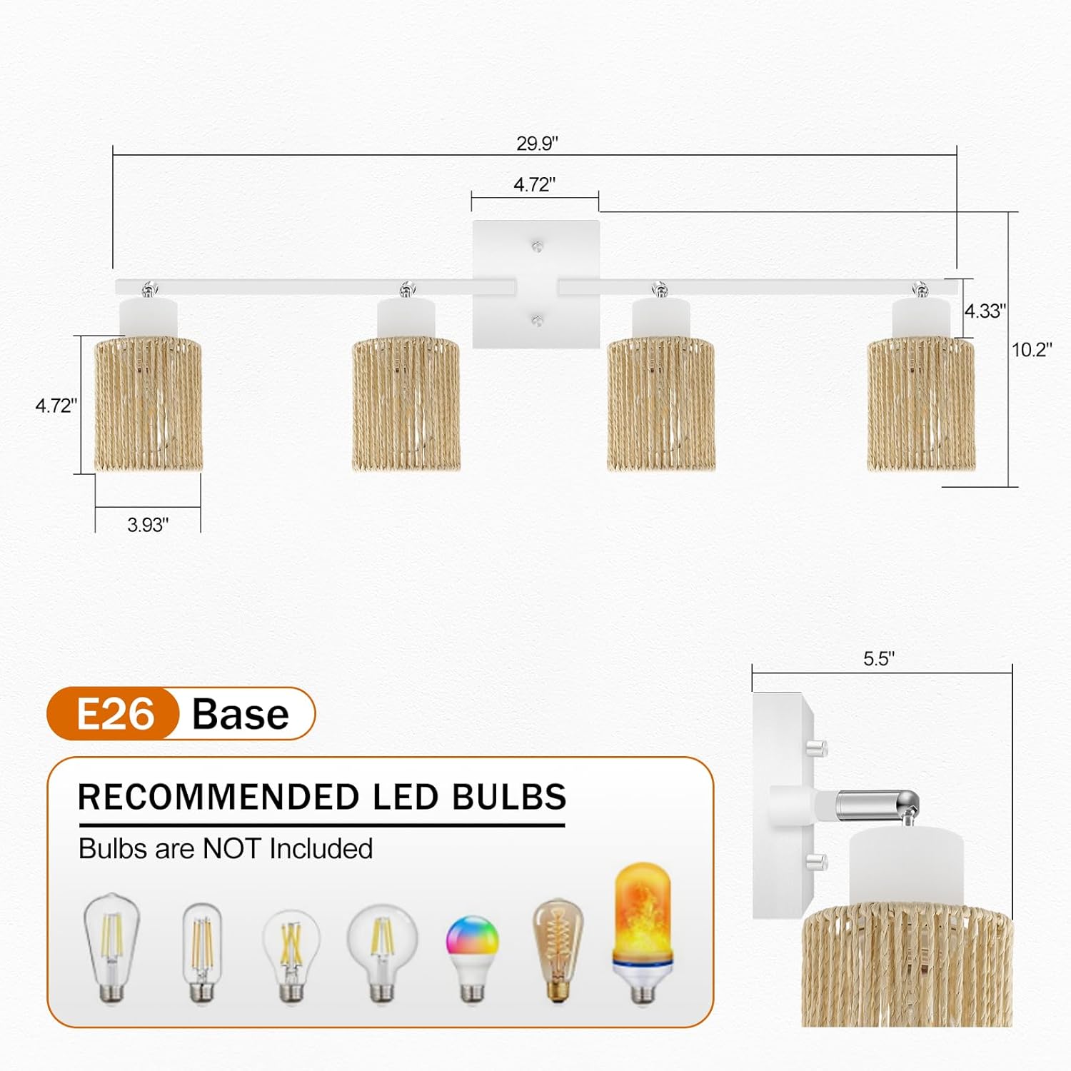 BoostArea 4 Light Track Lighting Kit, 4 Way White Ceiling Spot Lighting with Handwoven Hemp Rope Lampshade, Flexibly Rotatable Light Head for Kitchen, Living Room, Bedroom, Bulb Not Included
