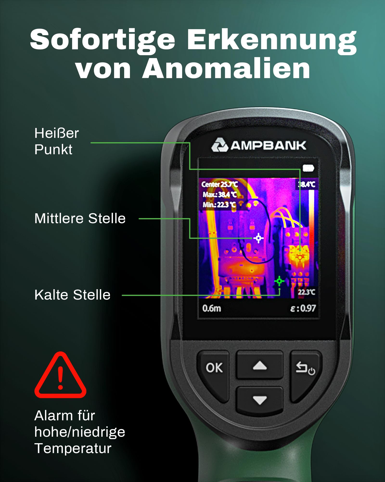 AMPBANK Wärmebildkamera 240x240 TISR-Auflösung, 24-Stunden Akkulaufzeit Handheld Thermal Imaging Camera mit 25Hz Bildwiederholrate, -20℃ bis 450℃, Temperaturalarm, H128 Kompakte Thermal Camera