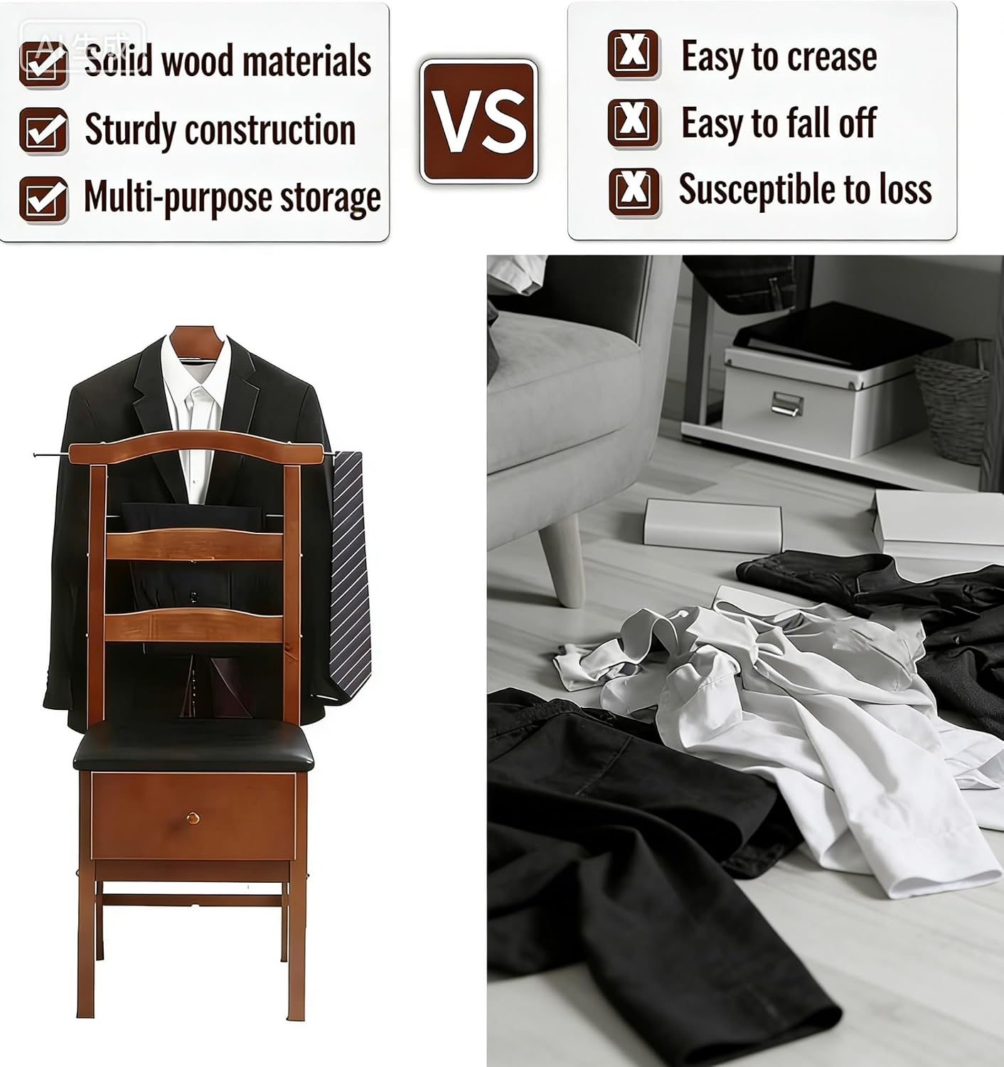 Premium Wooden Suit Valet Stand with Drawer, Padded Seat, Hanger, Trouser Bar & Tie Hooks – Multifunctional Wardrobe Organizer for Men and Women, Ideal for Office, Bedroom and Entryway