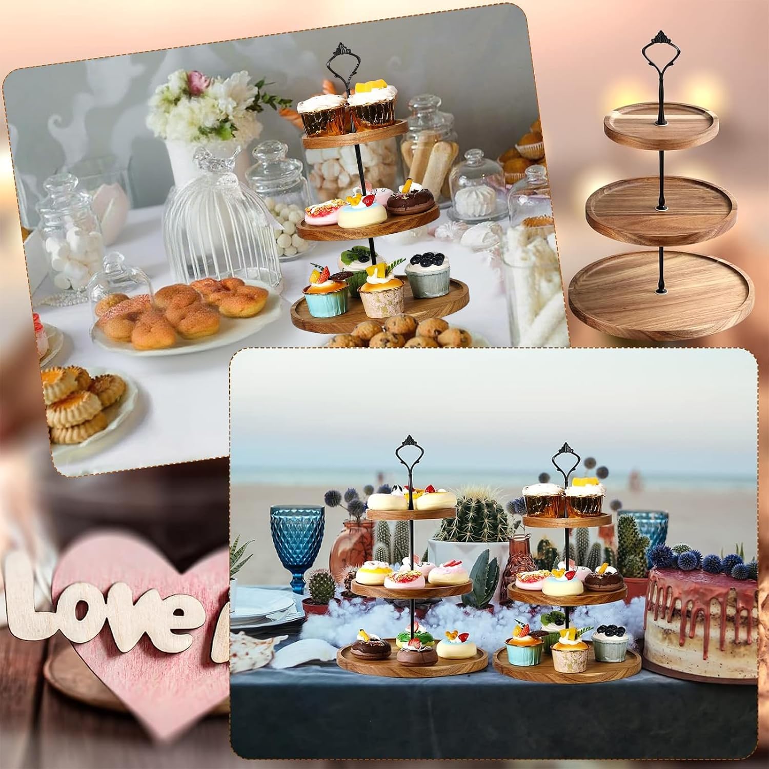 3 Tier Wooden Cupcake Stand,Wooden Tiered Display Stand Cupcake Plates, Serving Tray Acacia Wood Cake Stand for Wedding Birthday Tea Party Christmas Decorations