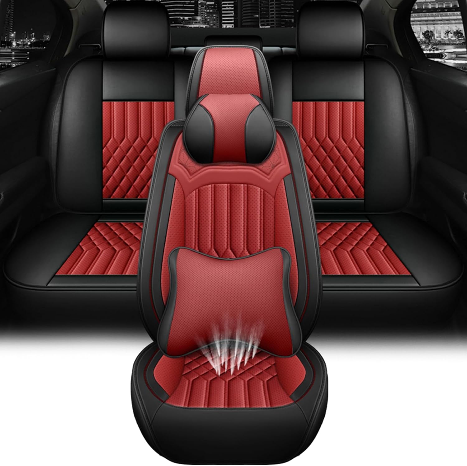 Car Seat Covers for Chevy Malibu 2004-2024, Leather Waterproof Anti-Slip Four Seasons Universal Seat Cover, Protector Comfort Car Seat Cover with Airbag (Black & Red,5 with Pillows)
