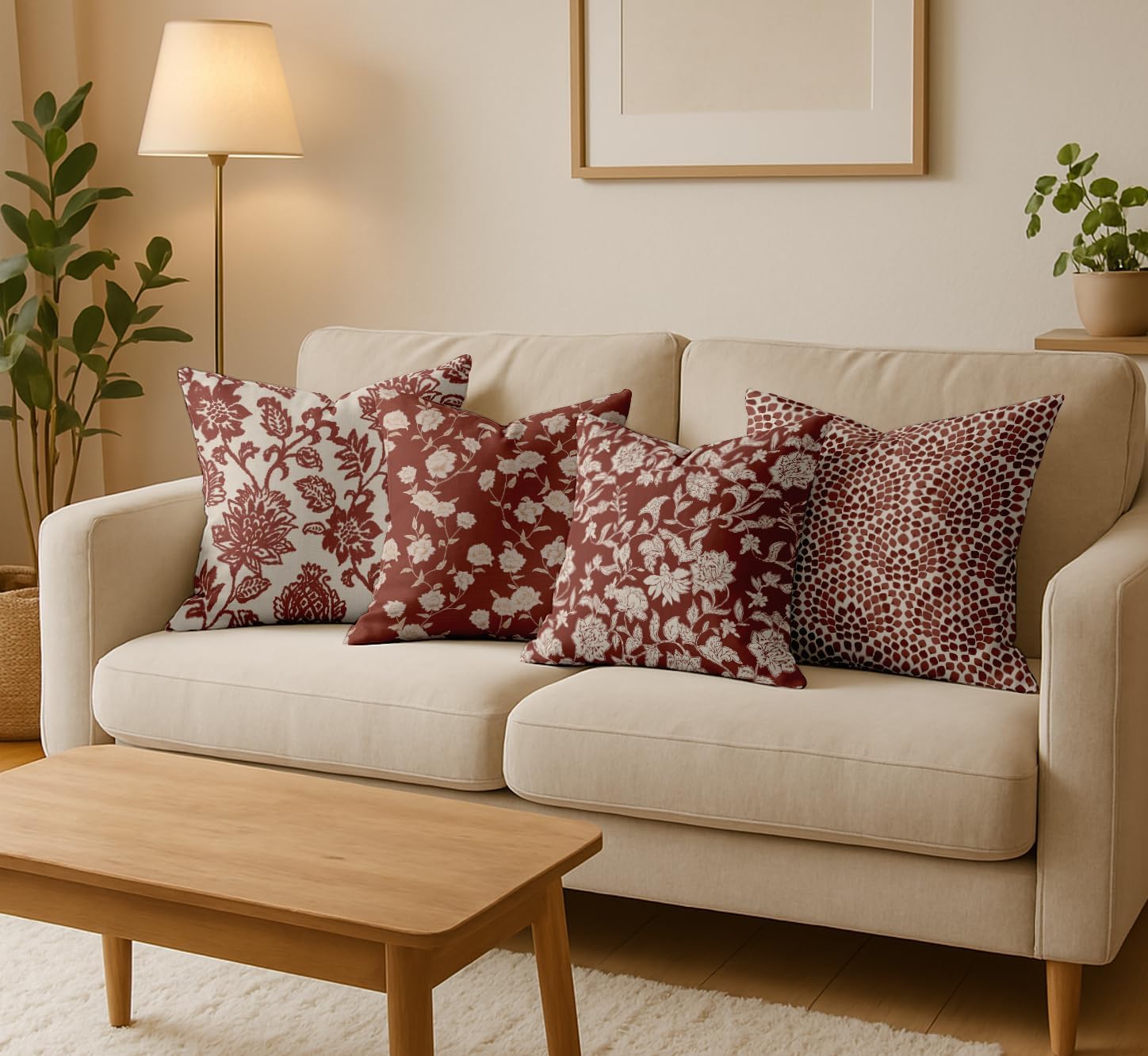 16x16, Cotton Cushion Covers Set of 4 Printed Throw Pillow Covers with Hidden Zip, Double Sided Design - Brown, Floral Design