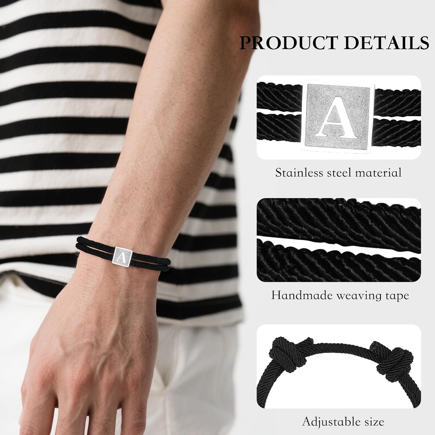 2025 Graduation Gifts, Rope Initial Bracelet for Men, Stainless Steel A-Z Letter Charm Bracelet, Handmade Braided Men Wrist Adjustable 7-13 Inches Letter Link Jewelry Father's Day Graduation Easter Basket Stuffer Gifts - Image 6