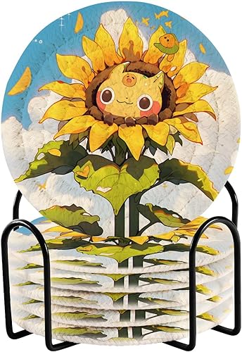 Sunflower Blue Yellow Cotton Rope Coasters 4 Inch Holder Set of 6 Absorbent Absorbent Coasters for Drinks Housewarming Gift Home Decor