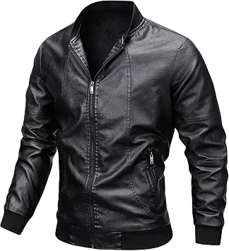 Men Stand Collar Leather Jacket Lightweight Faux Leather Motorcycle Jackets Casual Slim Zip Up Bomber Biker Coat