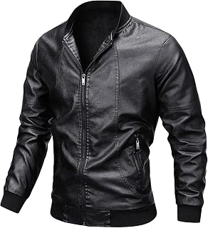 OULIWANGLUO Men's Baseball Uniform Zipper Rib Collar Leather Jacket Casual Zip Up Slim Bomber Faux Leather Jacket Fashion