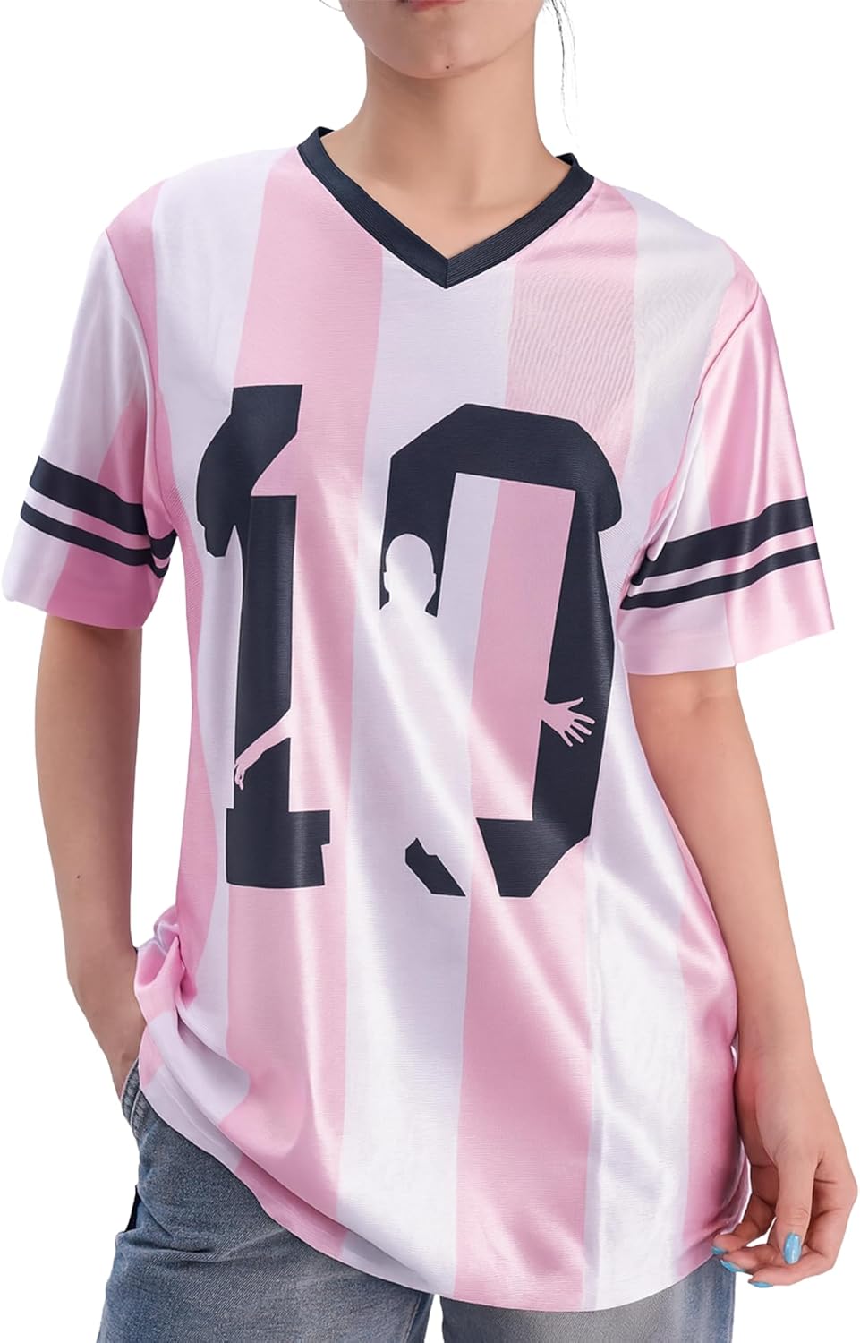 Argentina Jersey Women Pink Oversized Soccer Y2K Number V Neck Short Sleeve Streetwear Jersey Top