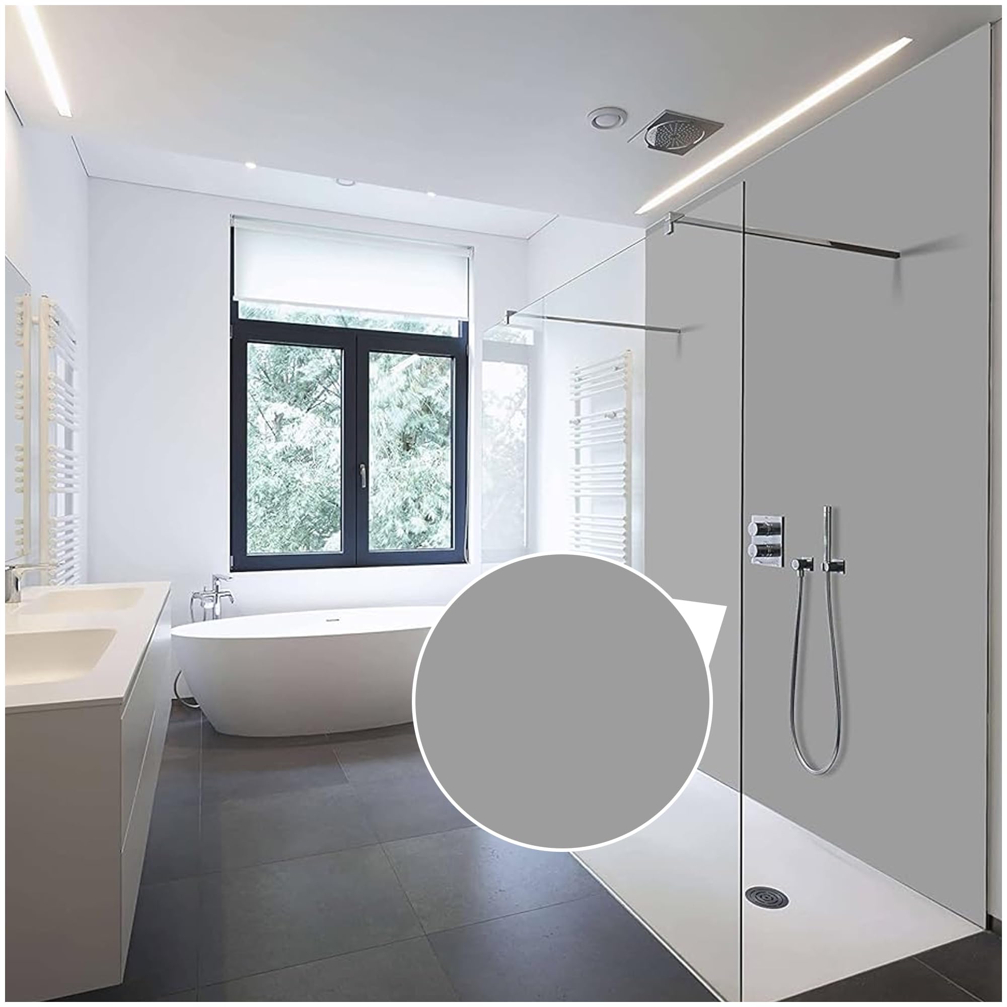 WALLando Premium Duschrückwand 250 x 100 cm Schwarzwaldeiche Hell | Einfach zu montierende Wandverkleidung für Dusche & Bad – Hochwertige PVC-Duschwand, einfarbig & seidenmatt – Hellgrau
