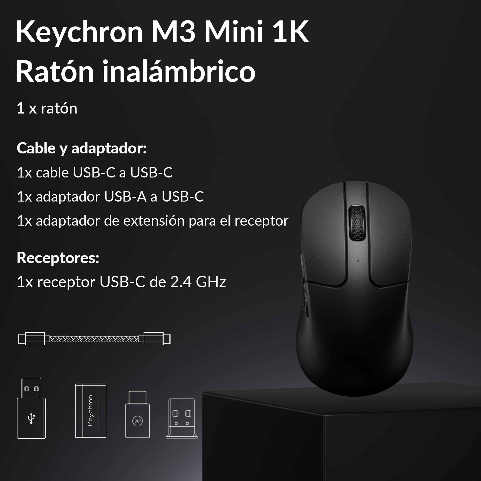 Keychron M3 Mini Ratón Inalámbrico Programable, 2,4 GHz/Bluetooth 5.2 / Cable, Sensor PixArt 3311, 12.000 dpi, hasta 125 Horas de batería, Ligero y ergonómico, para Windows, Mac y Linux – Negro