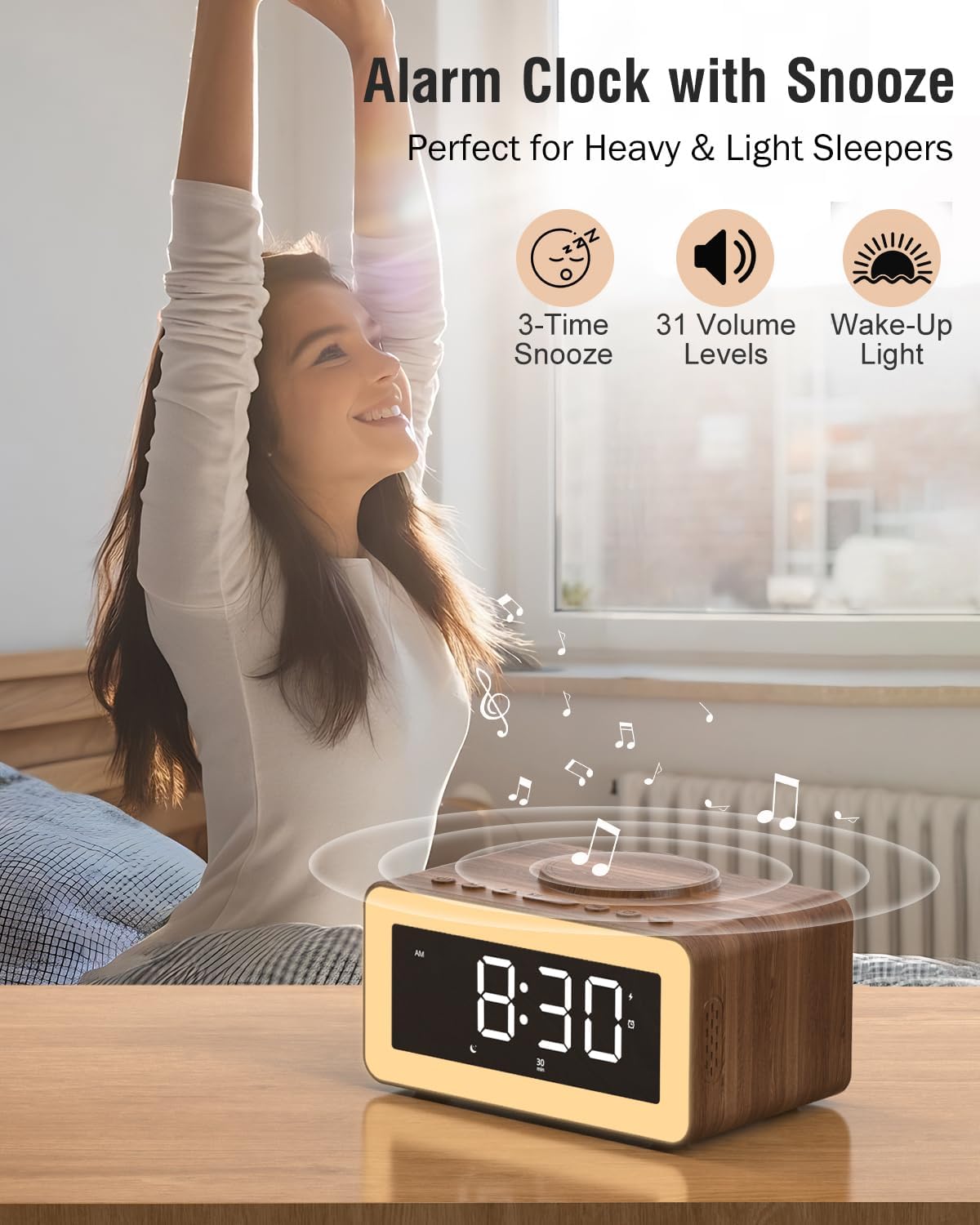 Alarm Clock with Wireless Charging, Bluetooth Speaker, White/Brown Noise Sound Machine Night Light, Wooden Digital Alarm Clocks for Bedrooms, Wireless Charger for iPhone, Birthday Gifts for Men Women - Image 4