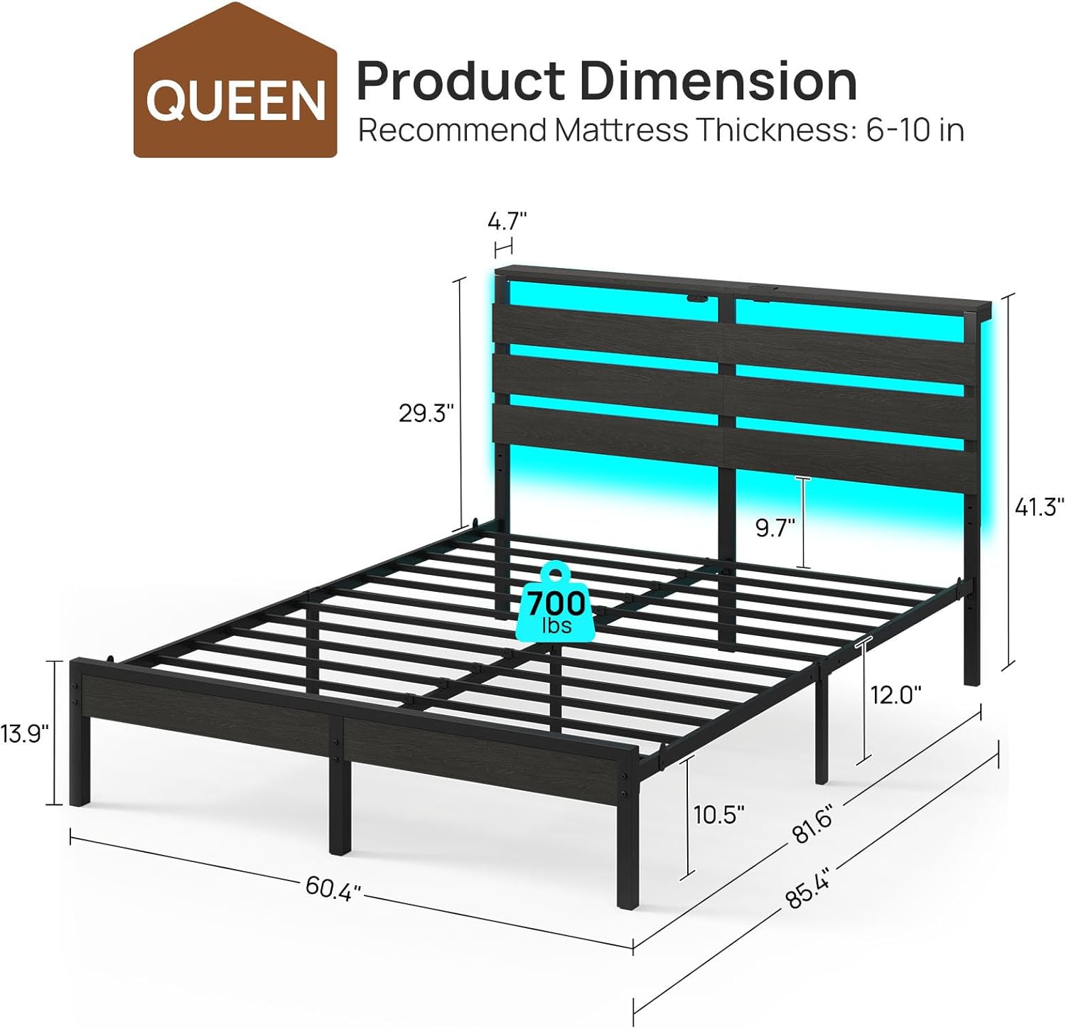Rolanstar Bed Frame Queen Size with USB Charging Station, LED Bed Frame with Wood Storage Headboard, Black Metal Platform Bed with Under Bed Storage, No Box Spring Needed, Noise Free