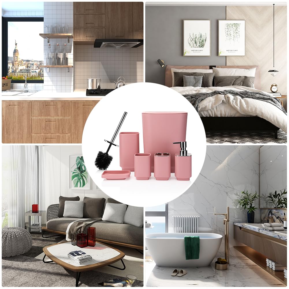 JOTOM Set di 6 accessori da bagno in plastica di lusso con pattumiera, scopino per WC, porta spazzolino, bicchiere, portasapone e dispenser di sapone (rosa)