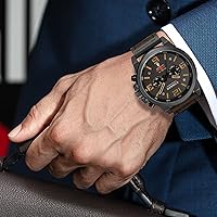 Vista 6 de Reloj de acero inoxidable con correa de cuero, estilo clásico, casual, resistente al agua, cronógrafo, fecha, y cuarzo analógico