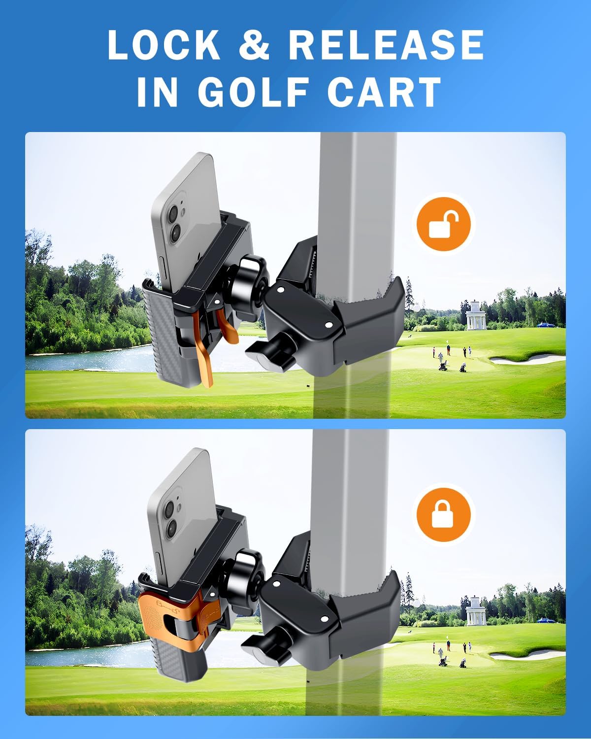 [Upgrade] Golf Cart Phone Mount Holder [Military-Grade Sturdy] with Security Double Lock Compatible with EZGO/Club Car/Yamaha, -360° Rotation with Anti-Scratch Pad [Big Phones & Thick Cases Friendly] - Image 3