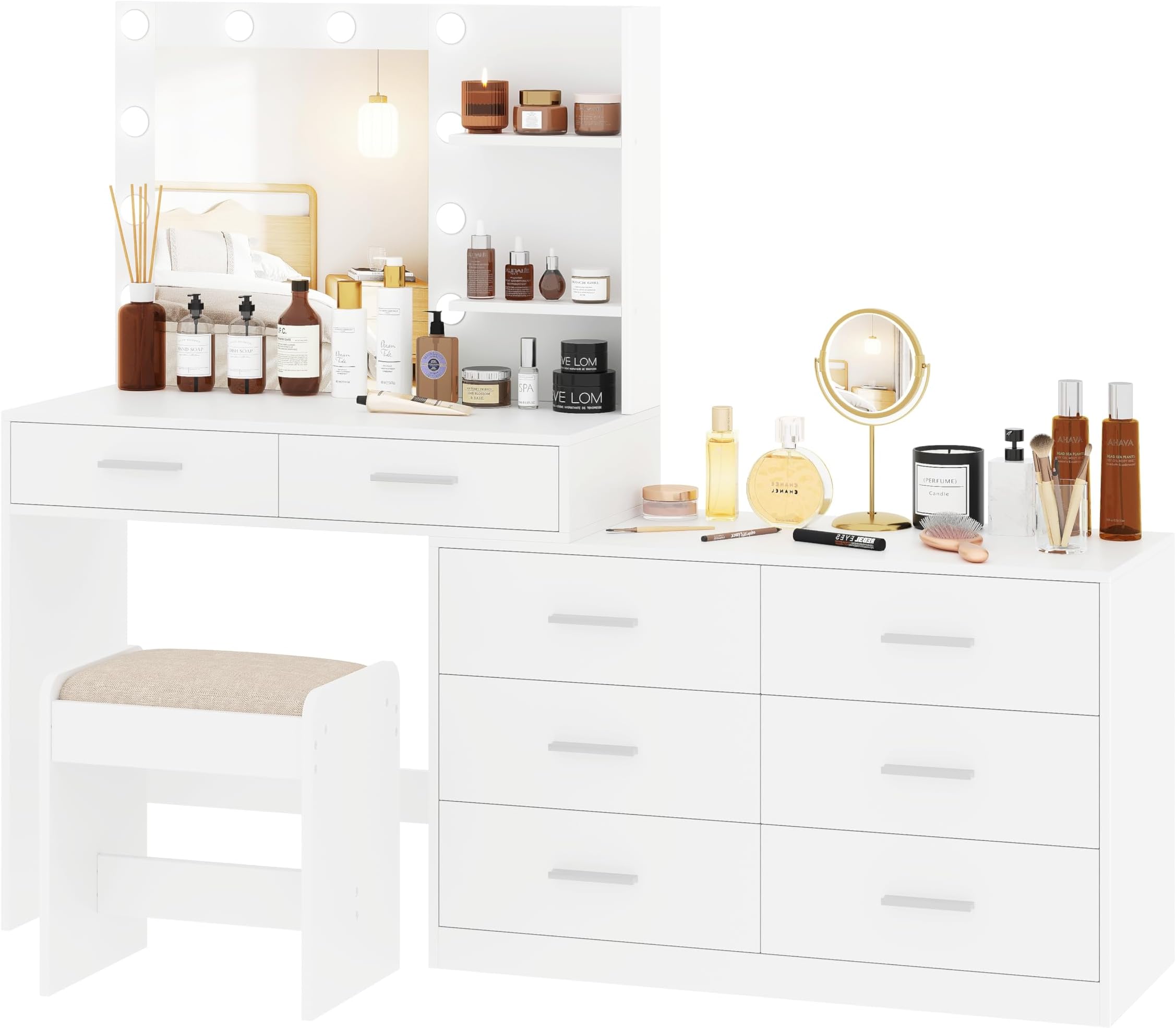 Rovaurx 65" W Makeup Vanity Set with Mirror and 3-Color Lights, Large Vanity Table with 8 Drawers & Side Storage Shelf, Adjustable Width, Bedroom Dressing Table with Stool, for Women, White RSZT109WD