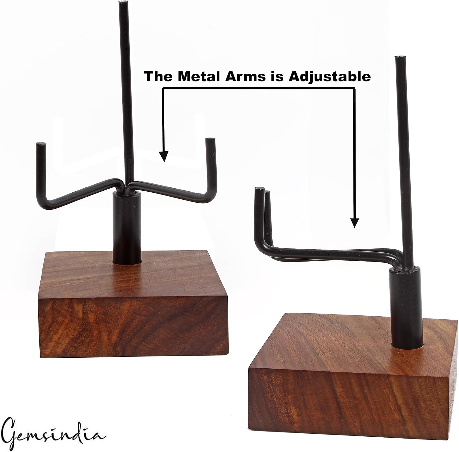 Crystal Display Stand Adjustable Metal Arm Display Stand with 3x3 Wooden Base – For Mineral Specimens, Geodes, Agate Slices, and Small Picture Frames