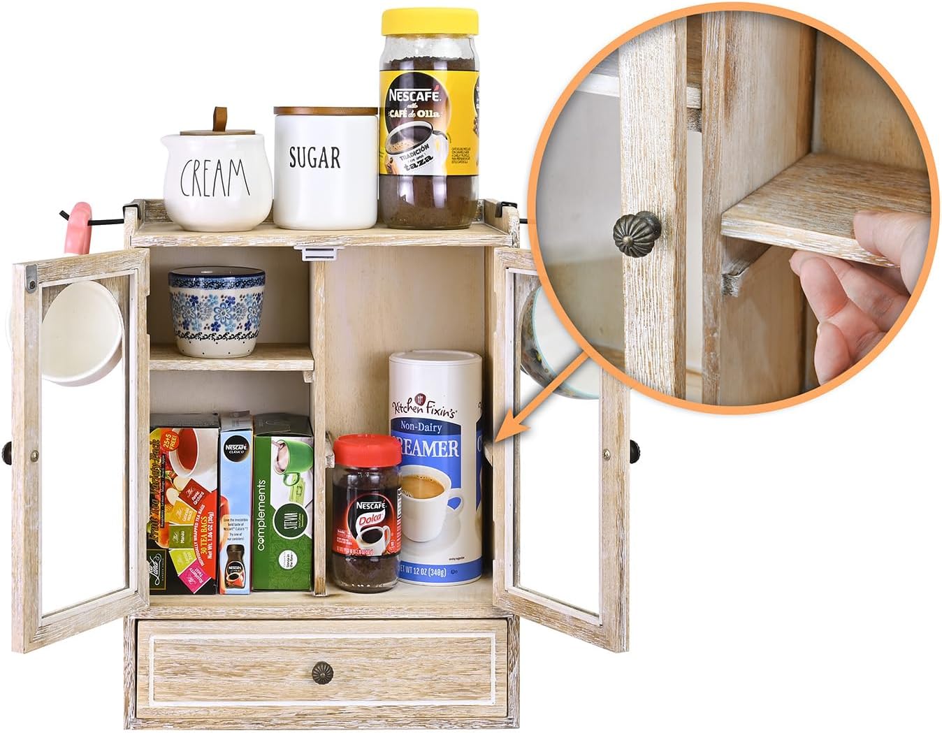 Ikee Design Wooden Countertop Storage Cabinet with Magnetic Door, Adjustable Shelves, Removable Hooks and Drawer for Perfume, Makeup, Pantry, Vintage White, 12.2 W x 6 D x 15.7 H in