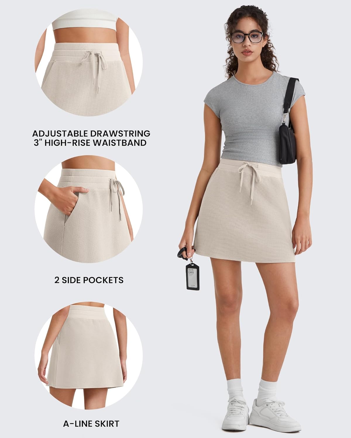 G4Free Waffle-Knit Sweat Skirts for Women High Waisted A-Line Drawstring Golf Work Casual Short Skirt with Pockets
