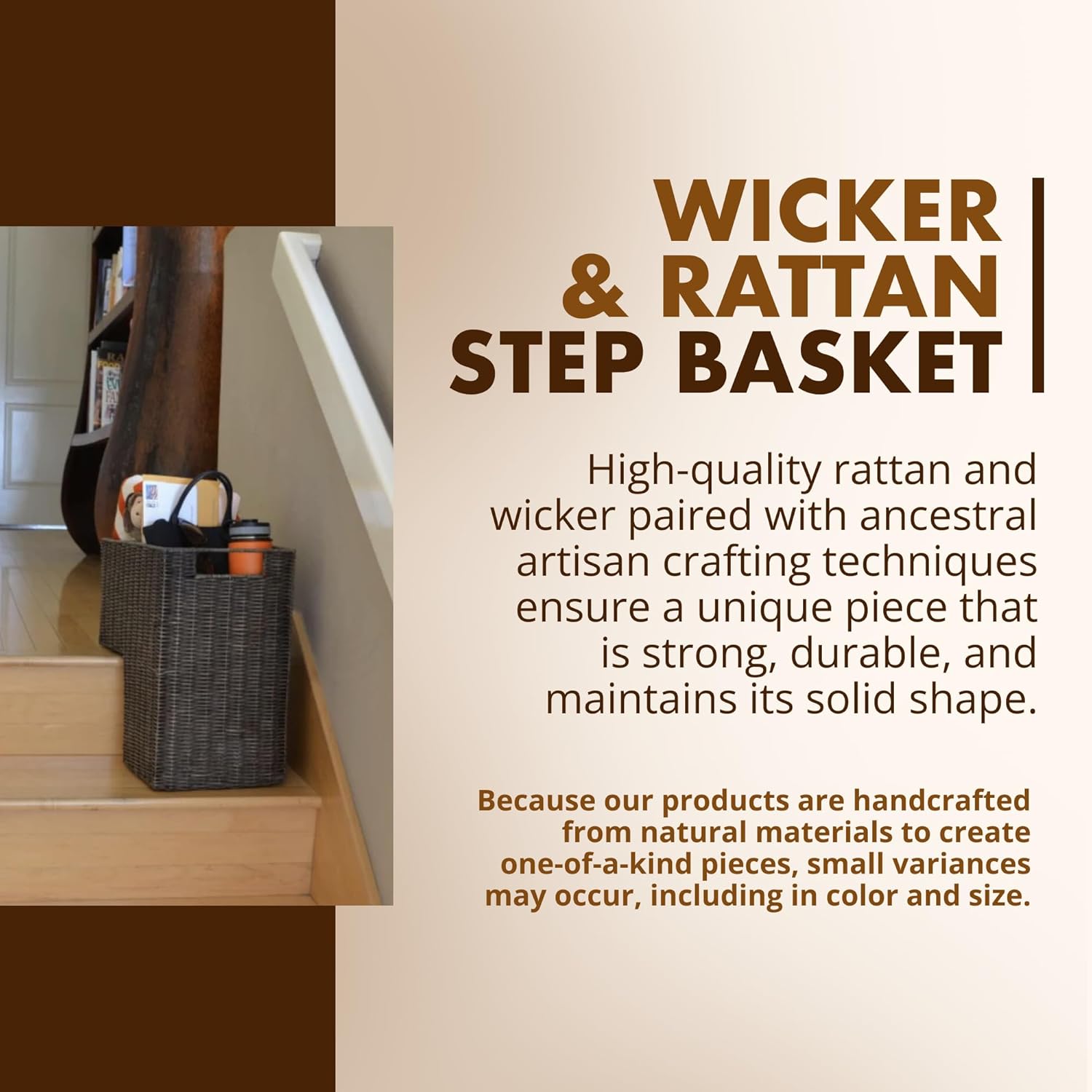 KOUBOO Wicker Step Basket, Dark Brown, Rectangular, 15 in L x 9.5 in W x 15.75 in H, Dual Compartments
