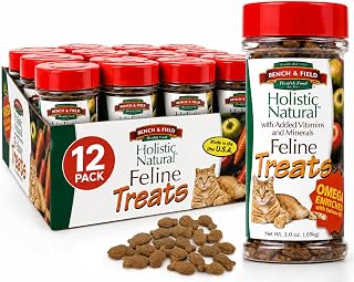 Bench & Field Holistic Natural Healthy Kitty crunchy fish-shaped cat treats, twelve-bottle pack