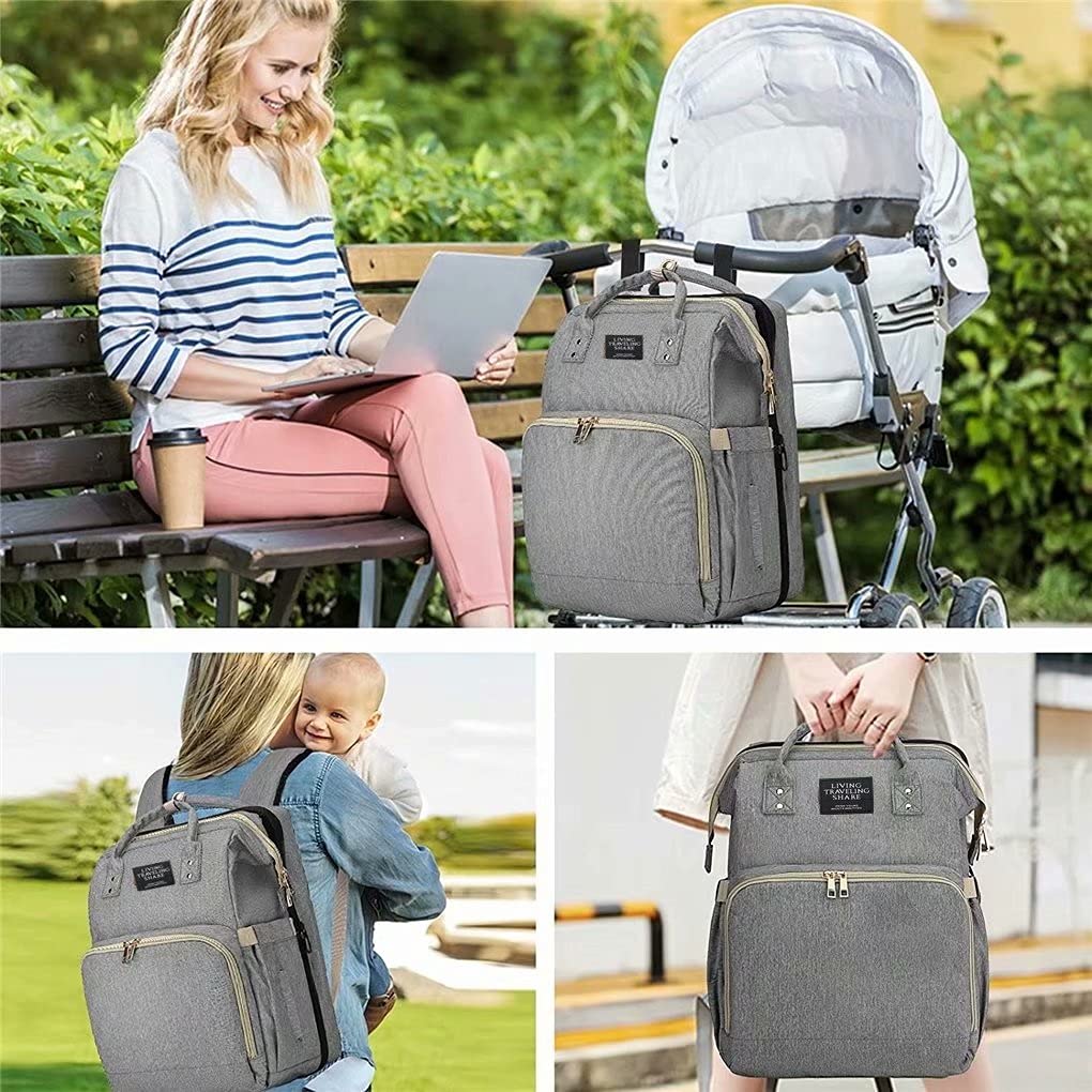 Mochila de pañales para bebé, de gran capacidad, organizador para cuna de viaje, mochila con alfombrilla y correas para cochecitos, bolsas aislantes para calentar botellas (gris claro),