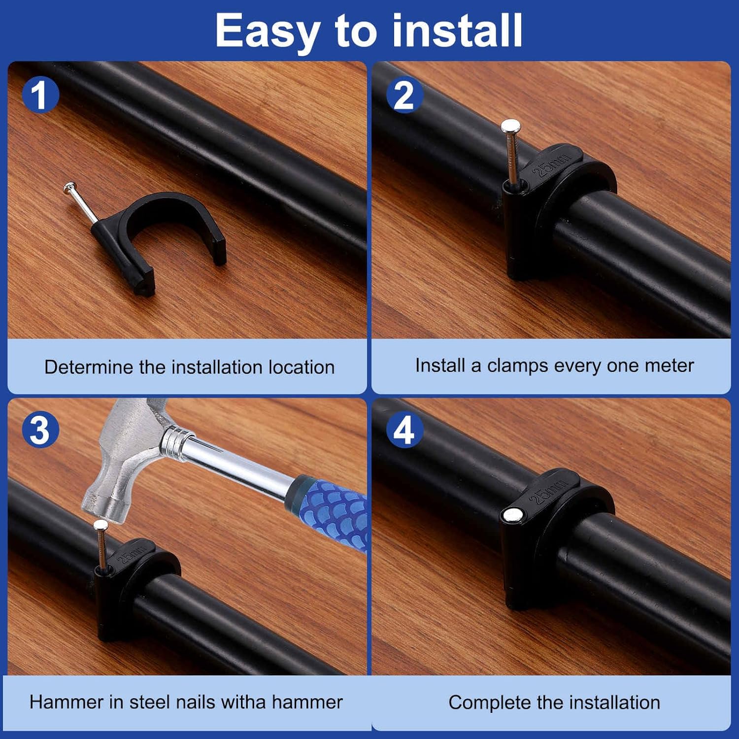 HARFINGTON 60pcs Cable Clips with Nail 4mm ID Circular Single Half Clamp J-Hook with Nail Cord Clips for Wires on Wall for Ethernet Tacks Coax Pex Tubing Pipe Support, Black