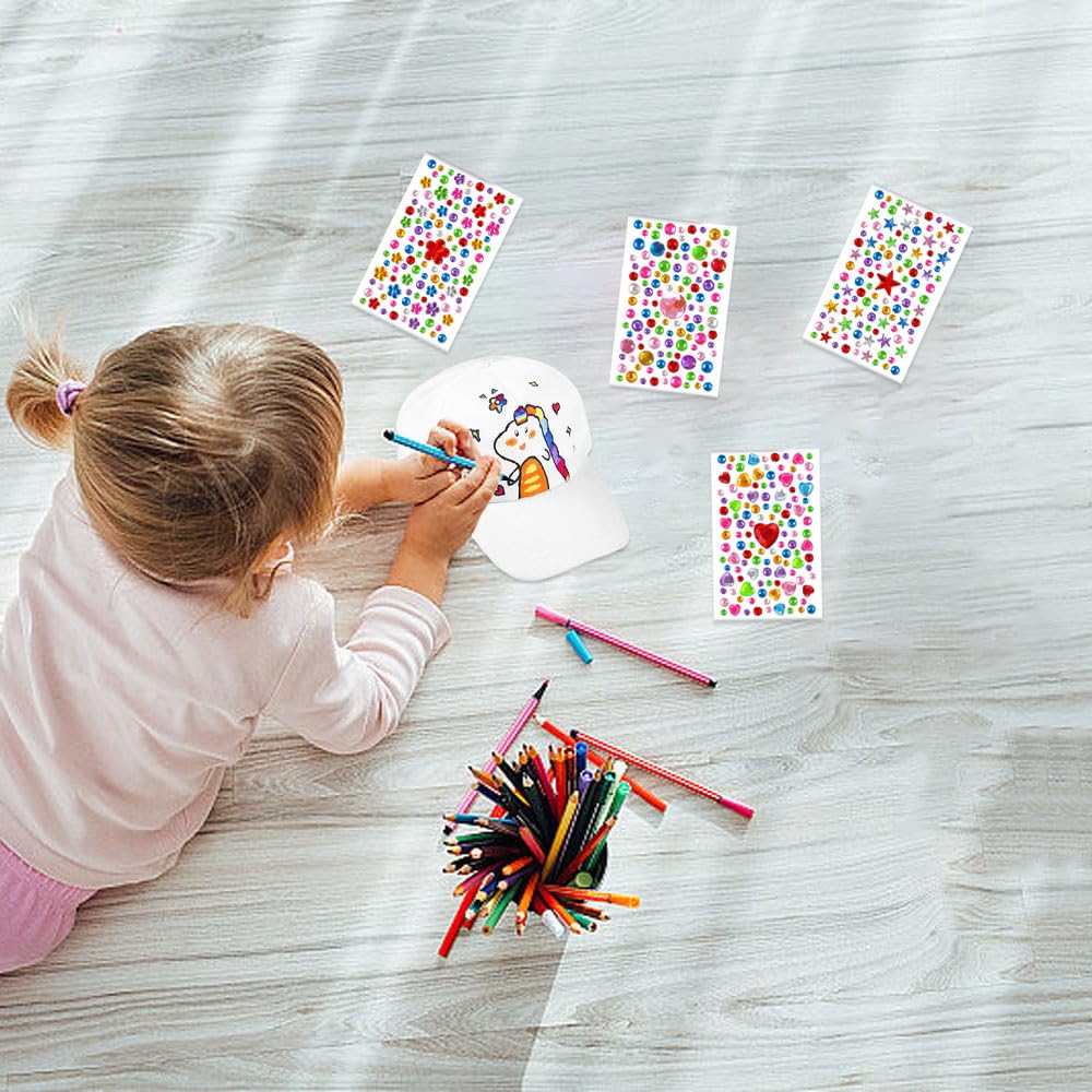 LoNinLoAn Czapka z daszkiem do graffiti, zestaw do majsterkowania, 6 sztuk, biała czapka dla dzieci, do malowania, czapka bejsbolowa dla dzieci, z 4 naklejkami z kamieniami szlachetnymi | Malowanie DIY czapka baseballowa z 4 naklejkami z kamieniami szlach