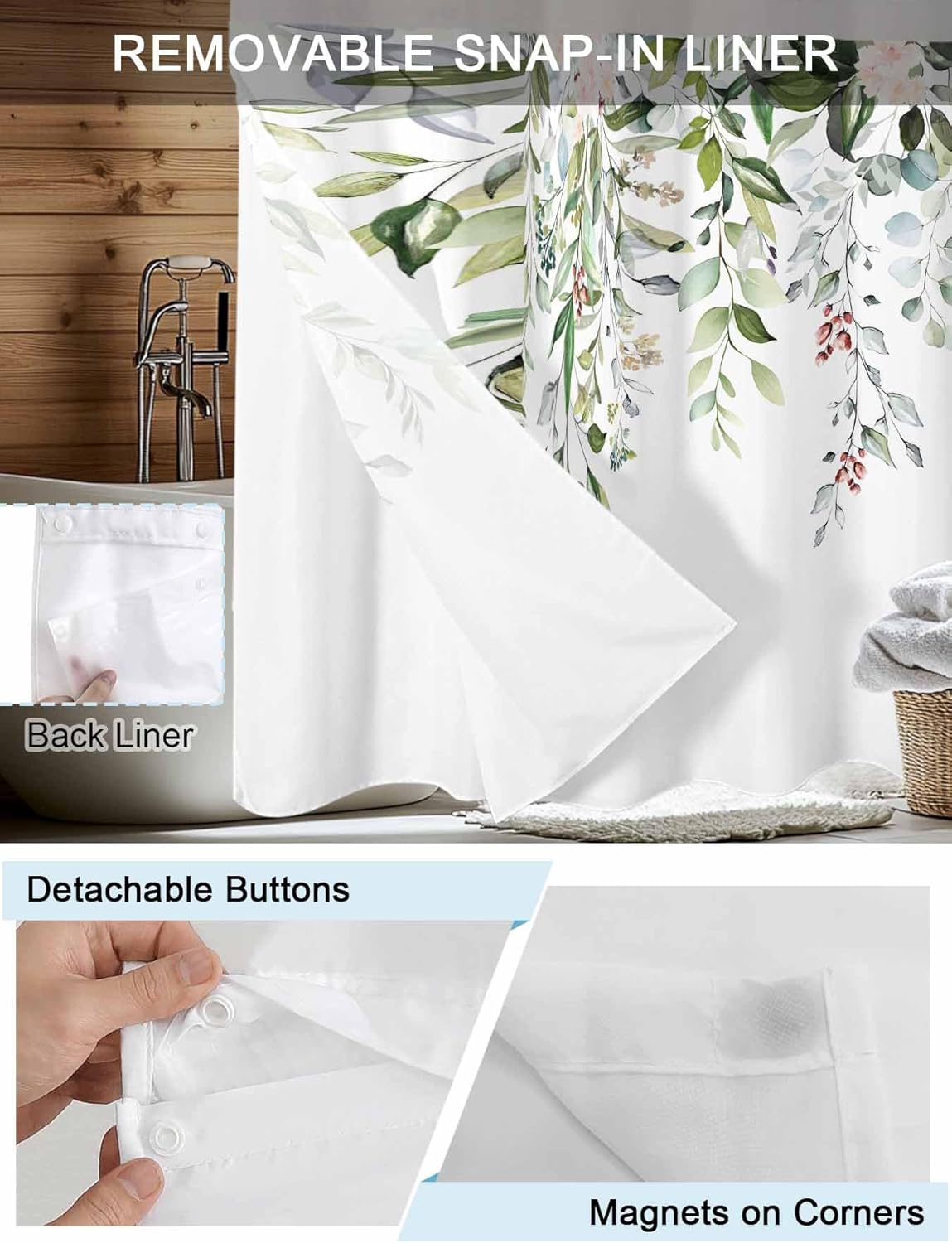 No Hook Shower Curtain With Snap in Liner Sage Green Eucalyptus Leaf Waterproof Shower Curtains with See Through Mesh Top Window Fabric Liner Set for Bathroom, Watercolor Floral Plant 36x72 Inches