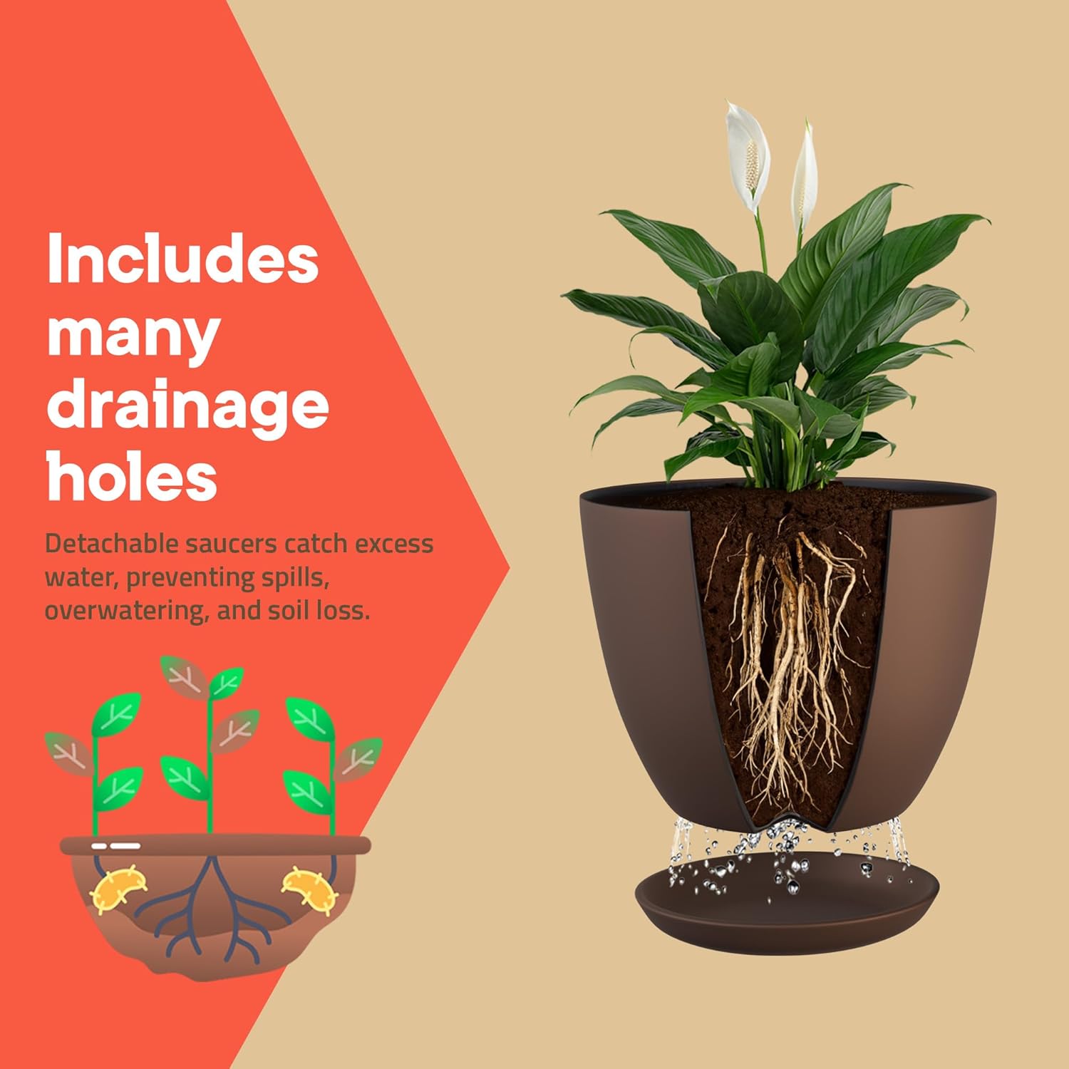 Planter Pots with Drainage Holes - Lightweight, Durable & Space-Saving Pots for Indoor and Outdoor - Versatile Functionality, Simple Modern Design, Set of 15 Plastic Planter Pots - Brown
