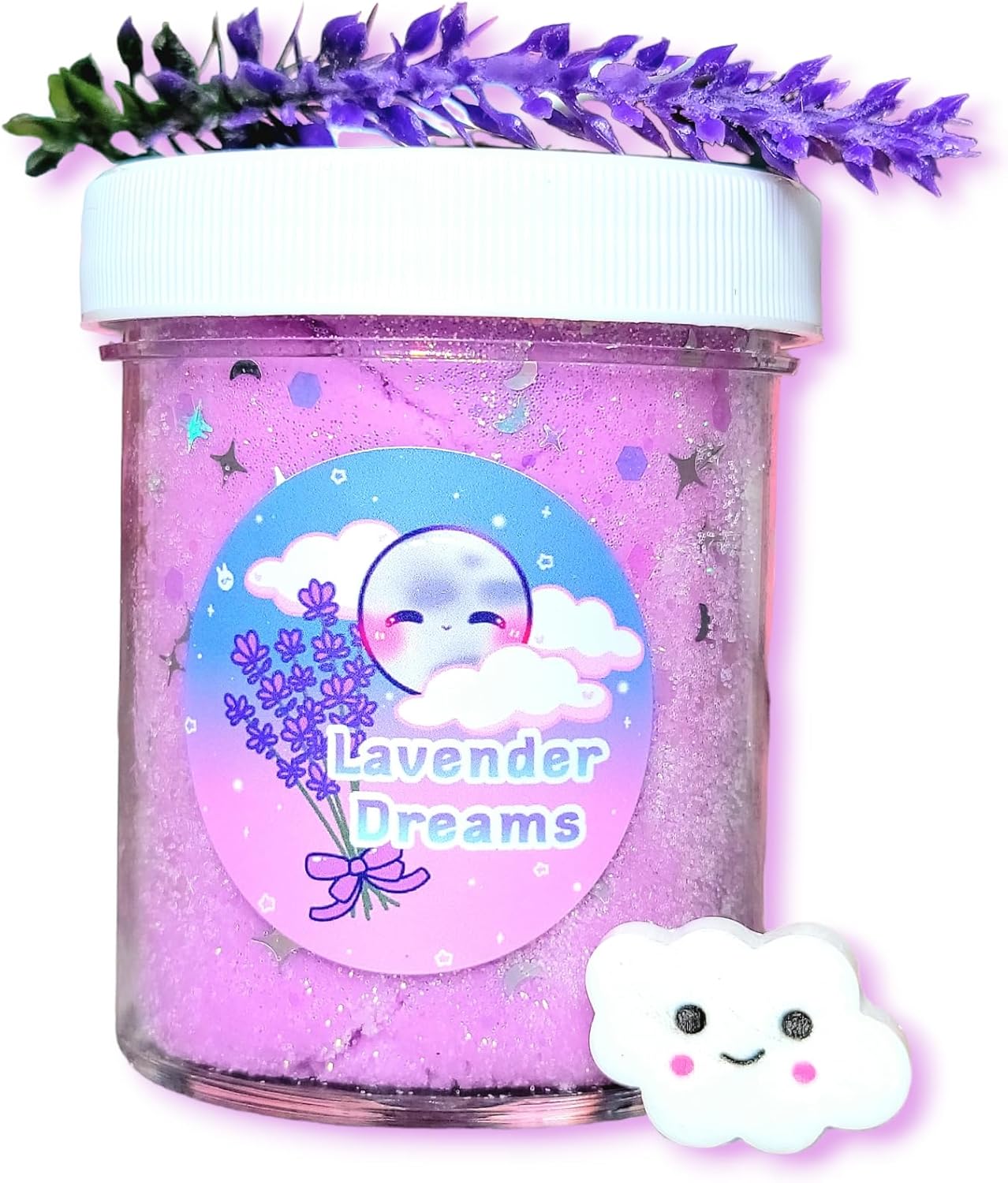 Lavender Dreams Cloud Slime 4oz – Handmade Fluffy Slime with Soothing Lavender Scent & 6 Cute Charms – Sensory Toy for Ages 8+ – Hoshimi Slimes