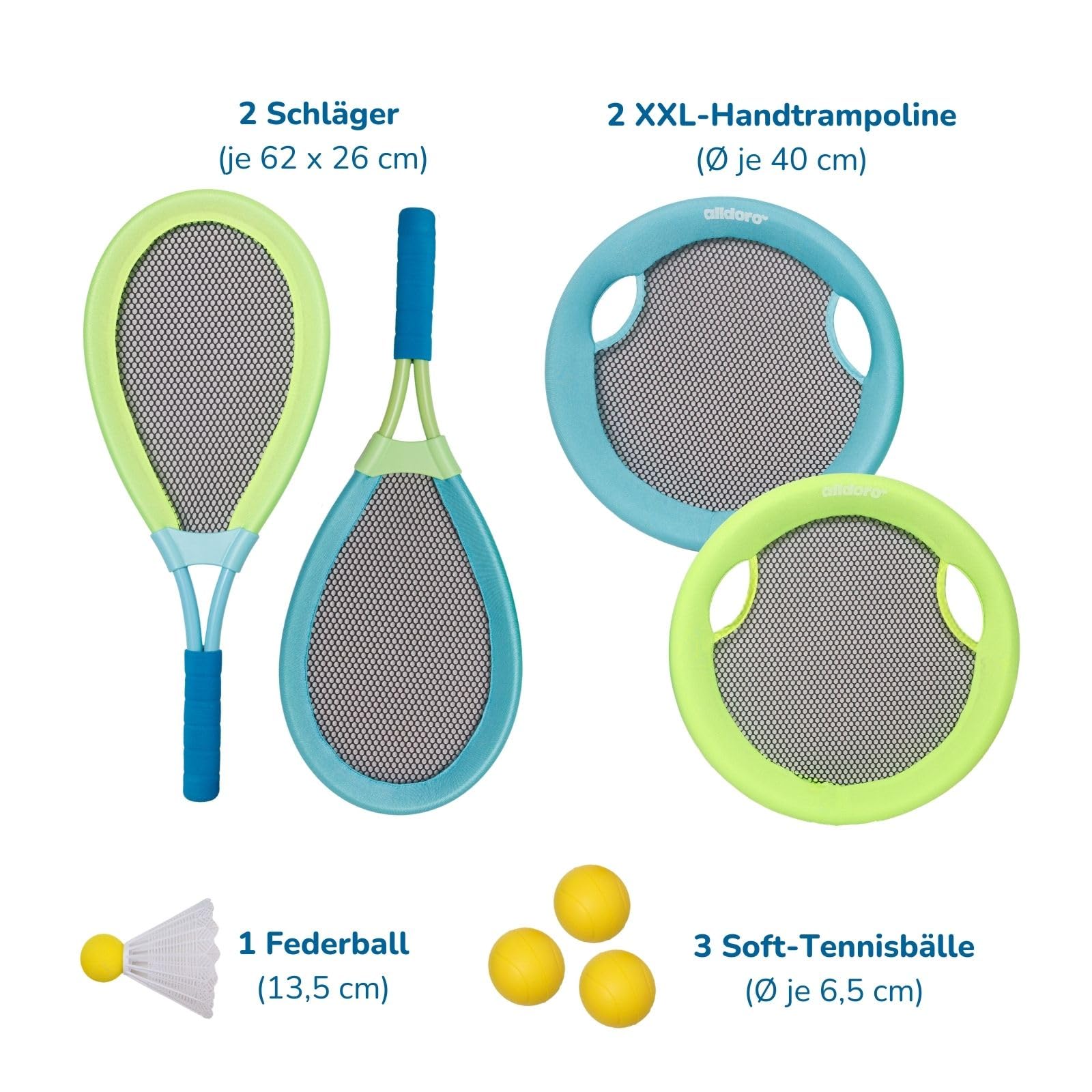 alldoro 68714 Beachball-Set 4in1, XL-Federball, XL-Soft-Tennis, Beachball & Wurfscheibe, wetterfestes Outdoor-Spielpaket ab 5 Jahren